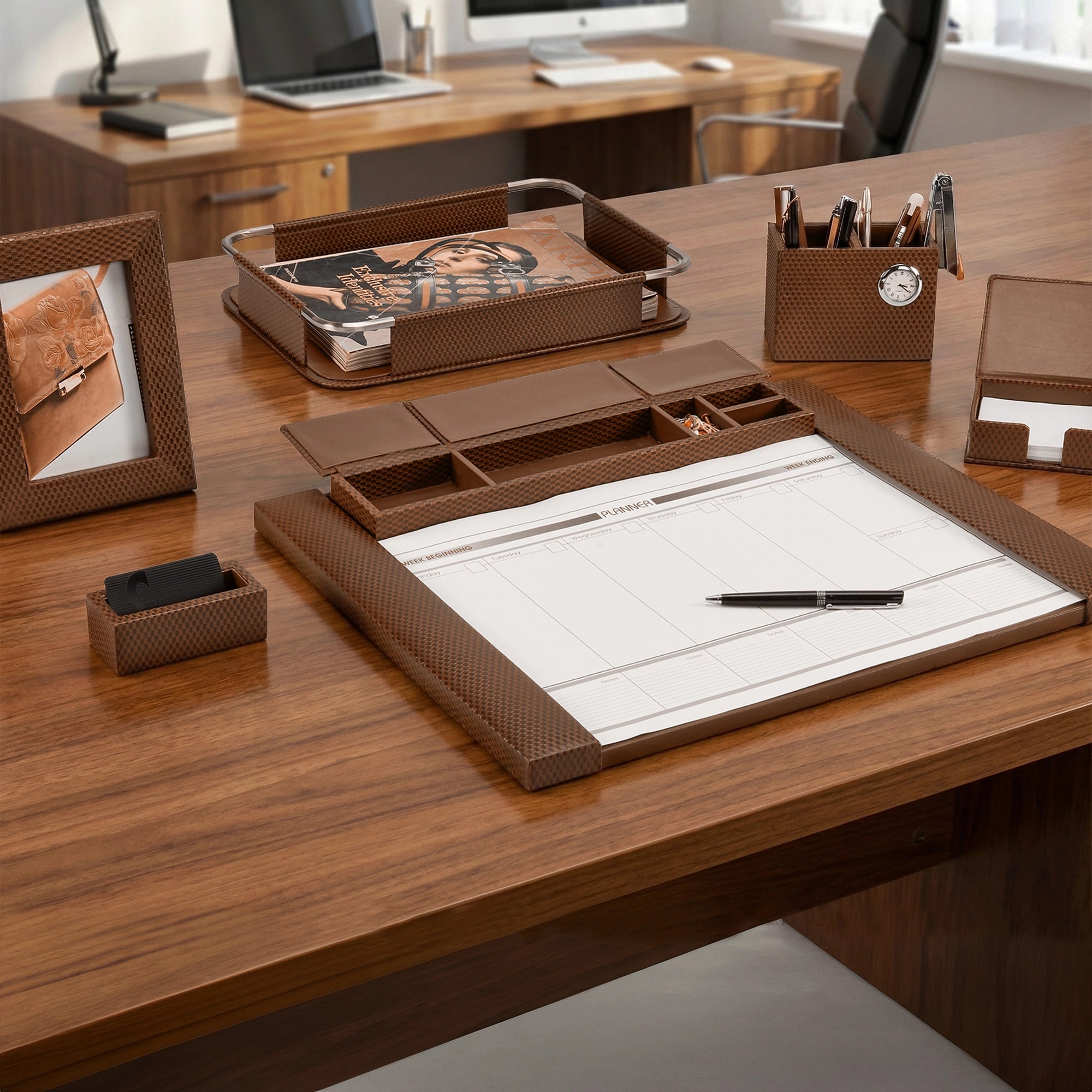 Desktop Planner Set I | Office Table Accessories| Color- Brick Brown Leather Talks