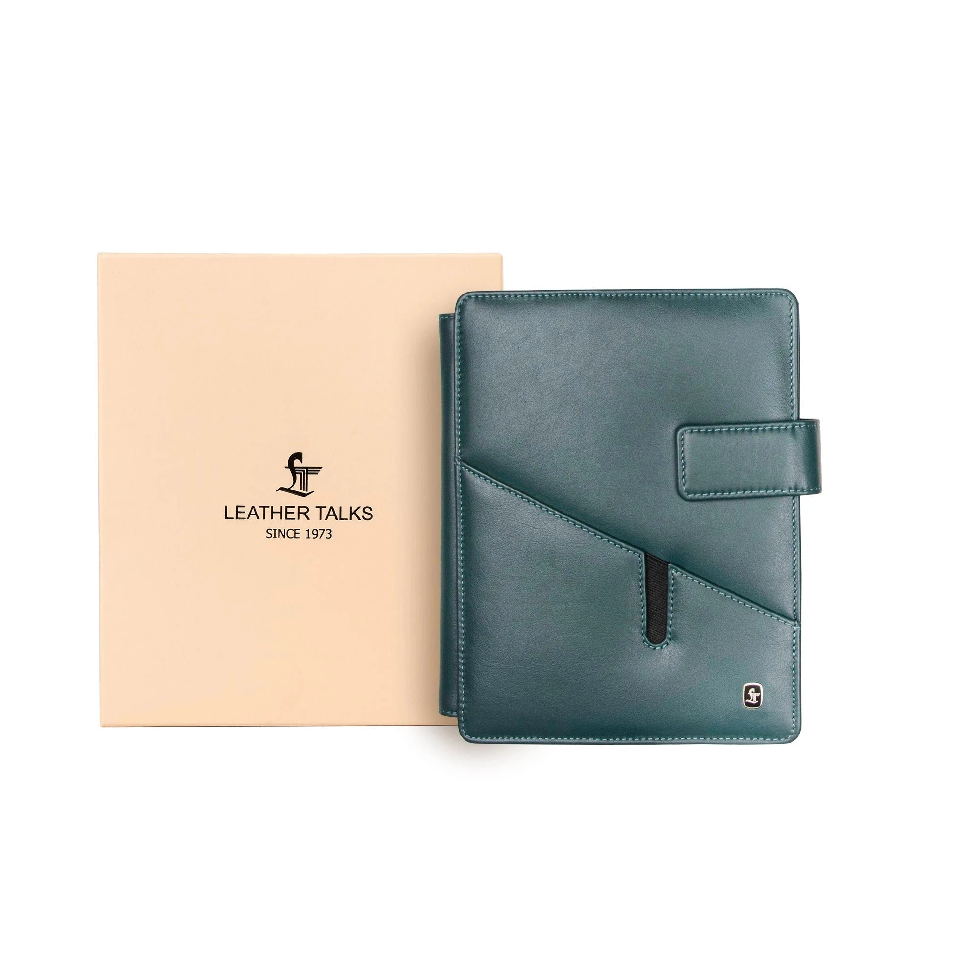 Luxury genuine leather notebook placed beside premium Leather Talks gift box.