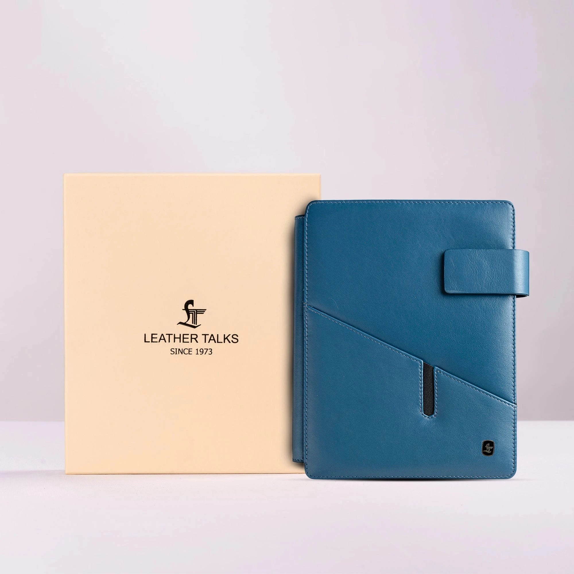 Luxury genuine leather notebook placed beside premium Leather Talks gift box.