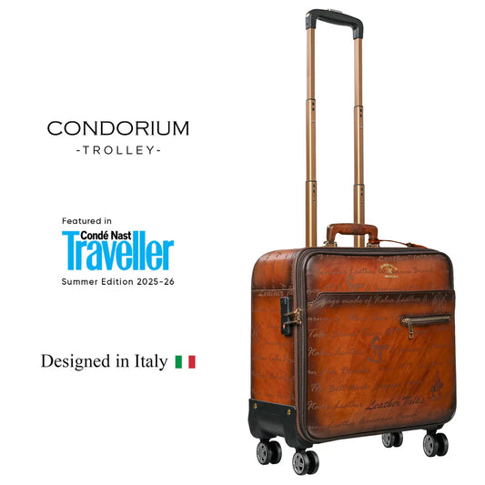 Condorium Premium Leather Trolley Bag | Cabin Luggage | TSA Lock | Spinner Wheels | Laptop Compartment | Carry-On Business Travel Bag | Color: Tan (16inch) Leather Talks