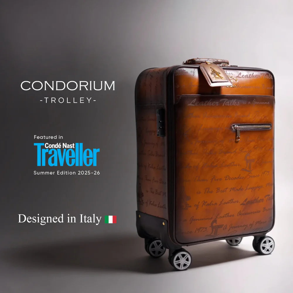 Condorium Premium Genuine Leather Travel Trolley Bag | Suitcase Trolley | TSA Lock | Spinner Wheels | Laptop Compartment | Carry-On Luggage | Color: Tan (20inch Vertical) Leather Talks