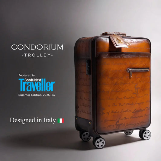 Condorium Premium Genuine Leather Travel Trolley Bag | Suitcase Trolley | TSA Lock | Spinner Wheels | Laptop Compartment | Carry-On Luggage | Color: Tan (20inch Vertical) Leather Talks