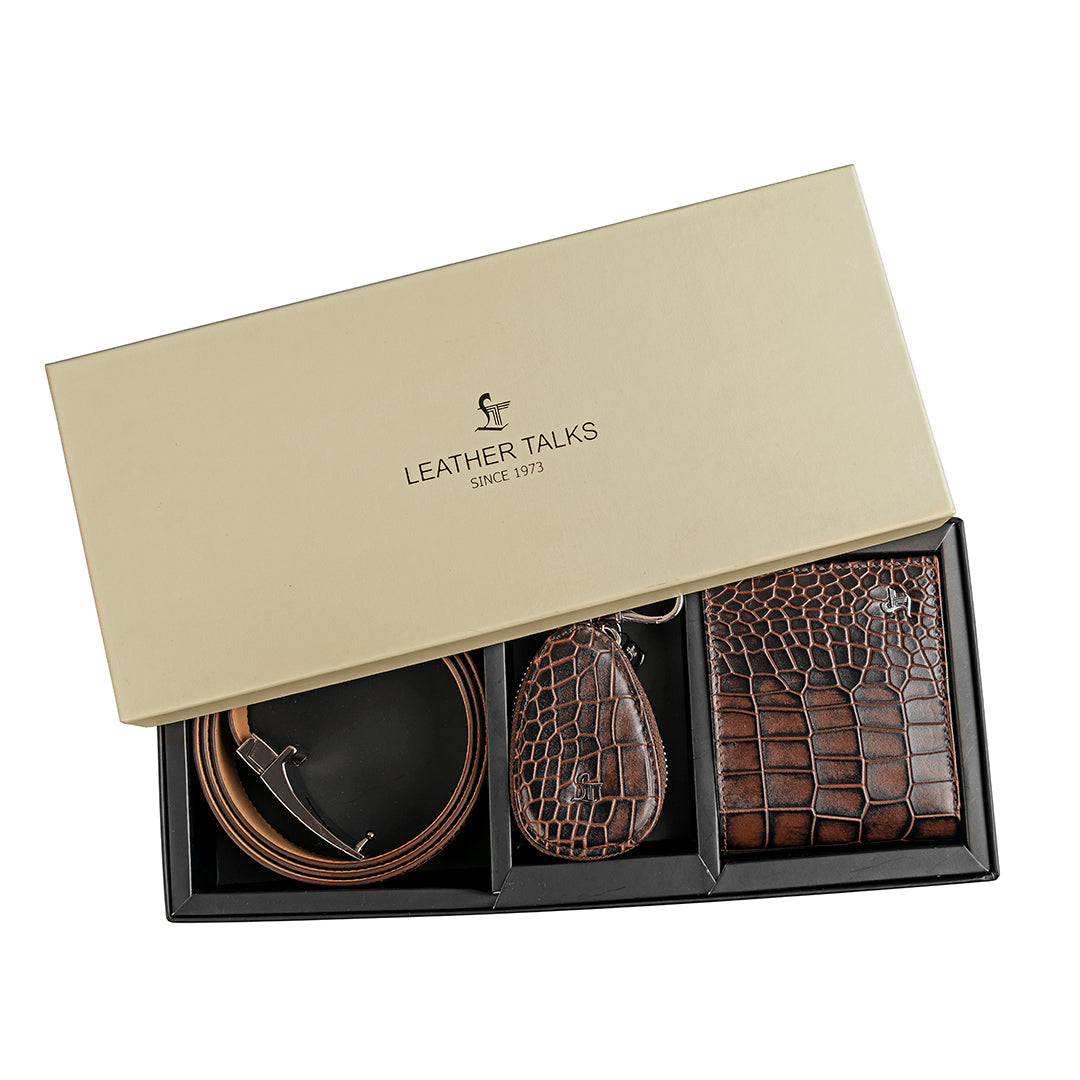 Set of III Gift Set Men's Croco Belt, Wallet & Prime Key Pouch - Premium Leather Accessories | Color- Brown Leather Talks