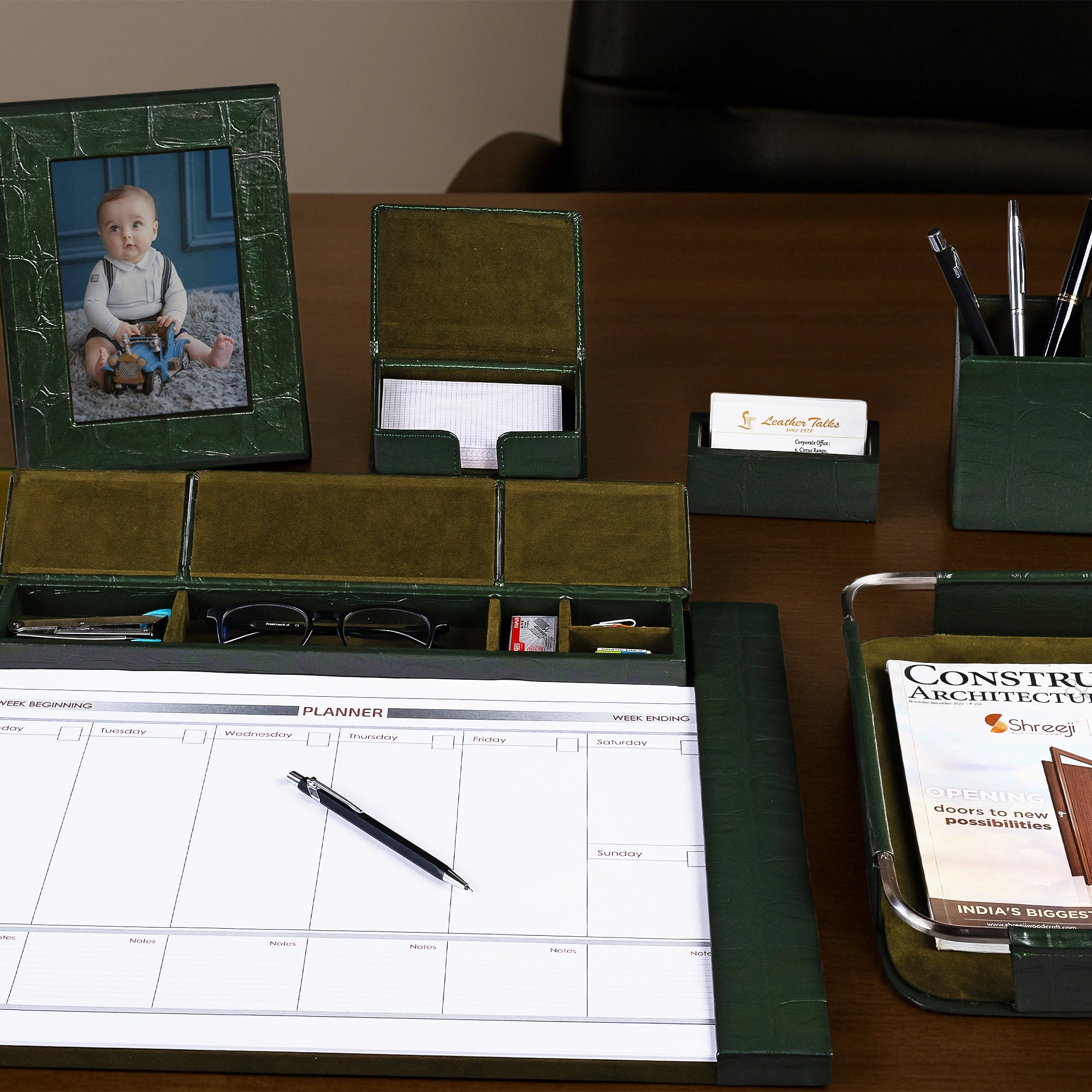 Desktop Planner Set I | Office Table Accessories | Croco Embossed Genuine Leather | Color- Green Leather Talks