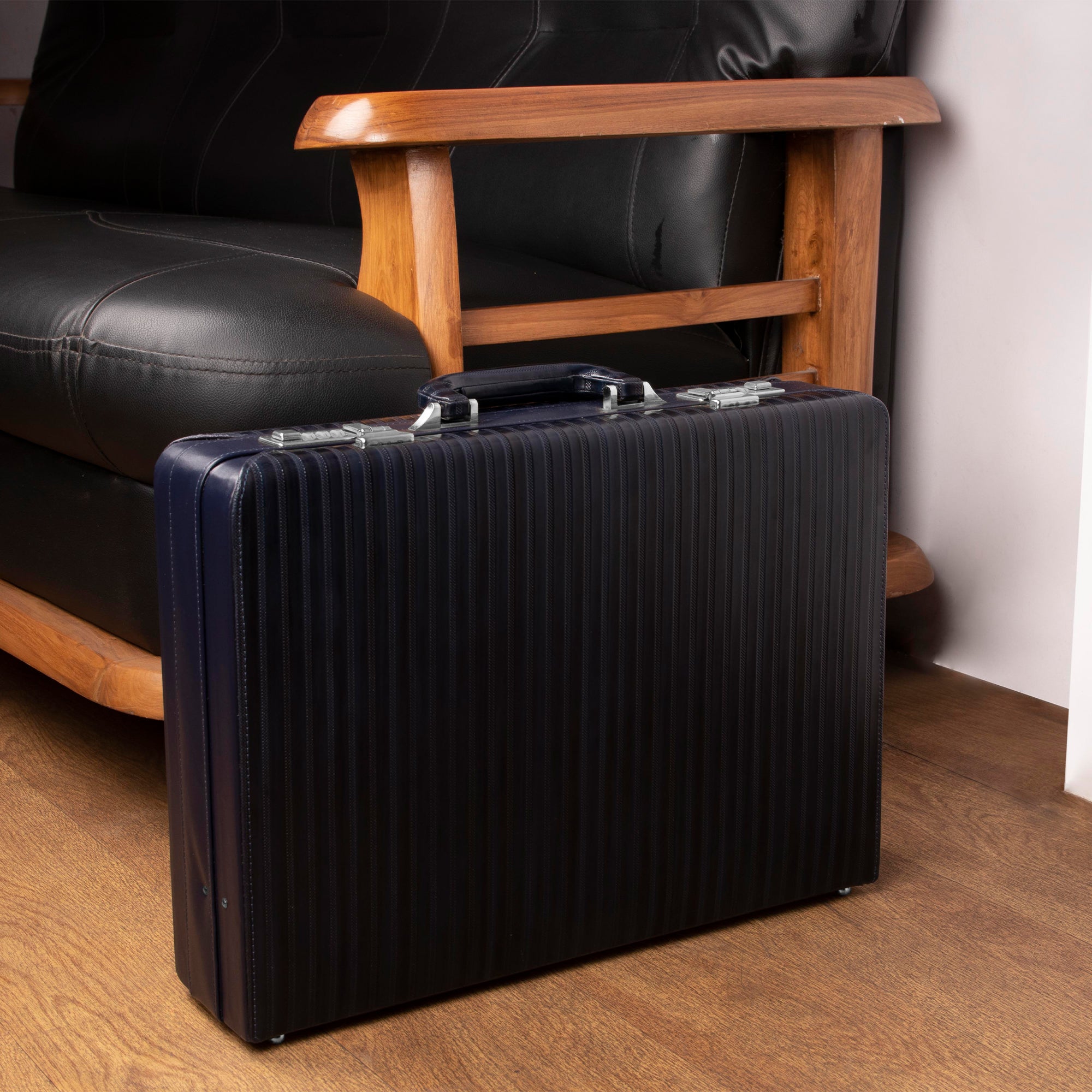 Italian VT Stripe Ruvido Double Lock Genuine Leather Attaché | Briefcase for Advocates | Lawyer Briefcase | Security Briefcase | Color: Navy Blue Leather Talks