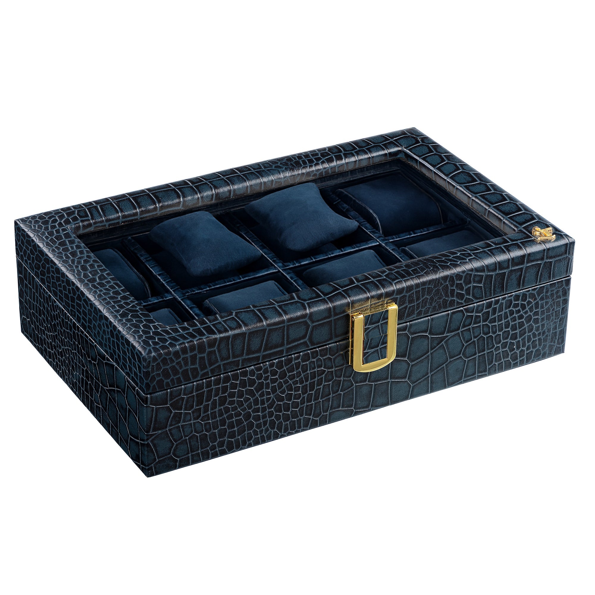 Premium Leather Watch Organizer with Gold Push Lock and Transparent Acrylic Lid