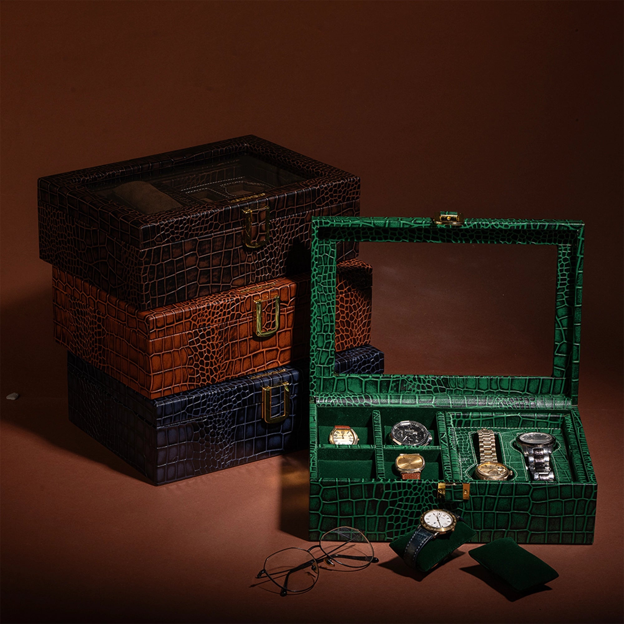 Galio Leather Watch Box For Men |  Genuine Leather Watch Box for Men | Can Hold 6 Watches | Acrylic Top | Color: Croco Green Leather Talks