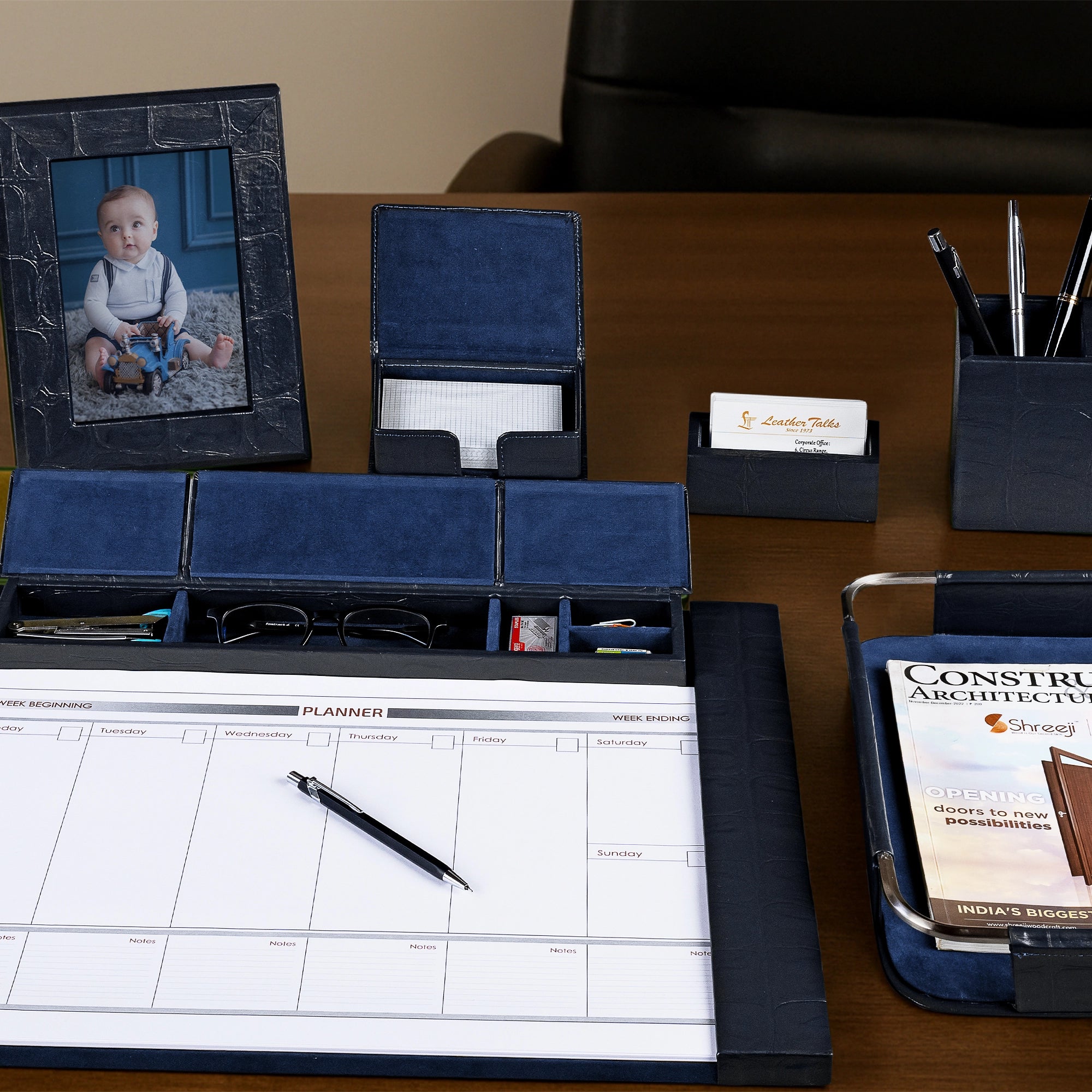 Desktop Planner Set I | Office Table Accessories| Crocodile Embossed Genuine Leather | Color-  Blue Leather Talks