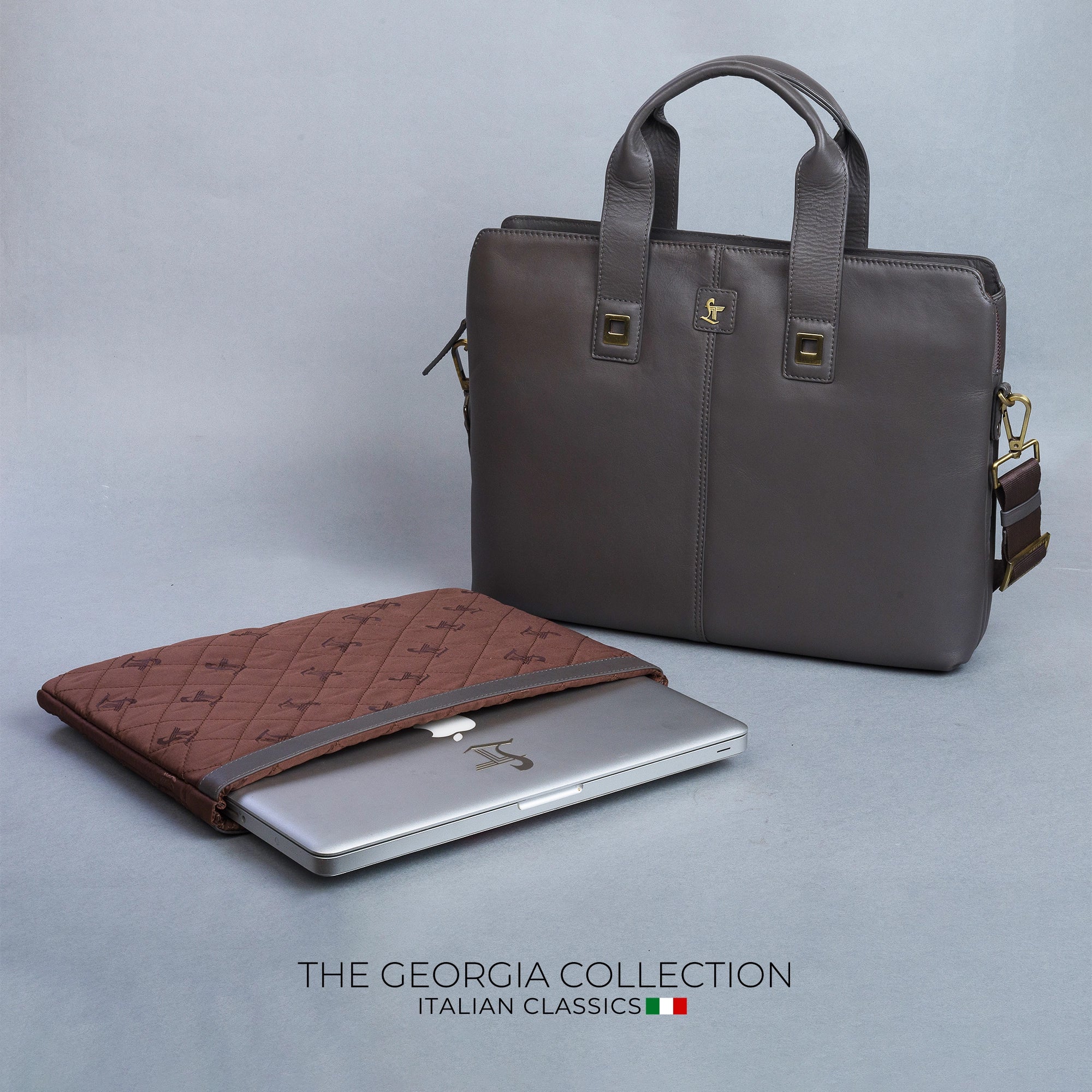 Georgia Collection | Genuine Leather Laptop / Office Bag For Men | Fits 15.5 in" Laptop | Colour: Steel grey