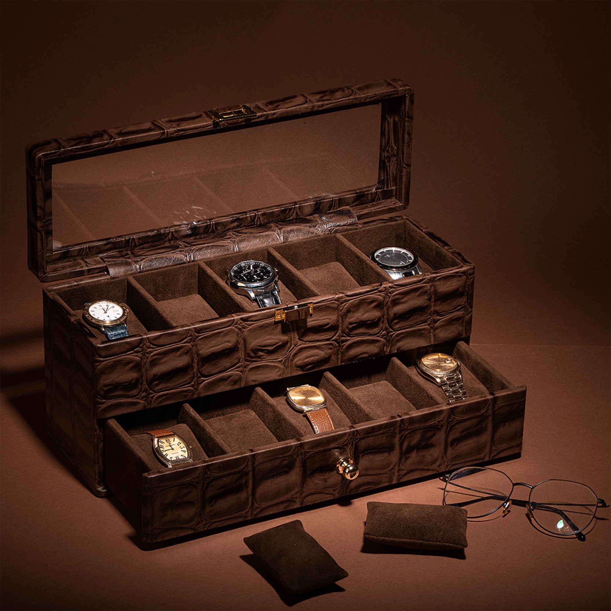 Bronx II Leather Watch Box / Case | 100% Genuine Leather | Can Hold 10 Watches | Acrylic Glass Top | Color:  Crocotail Brown Leather Talks