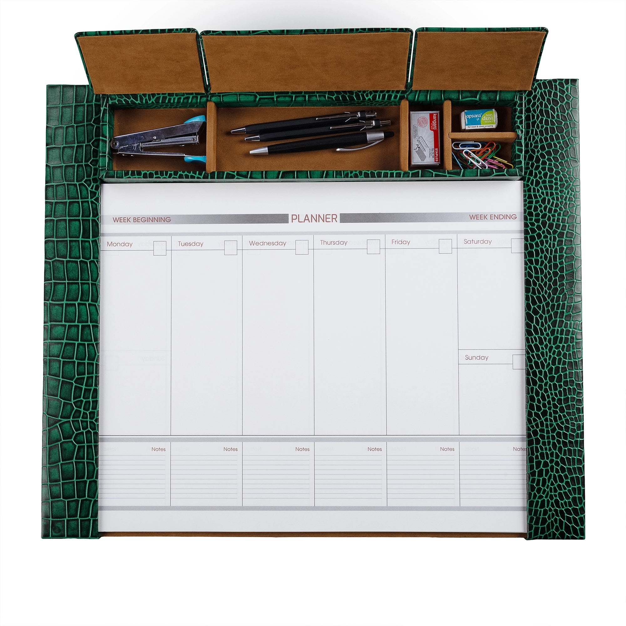Desktop Planner Set I | Office Table Accessories| Croco Embossed Genuine Leather | Color- Green Leather Talks