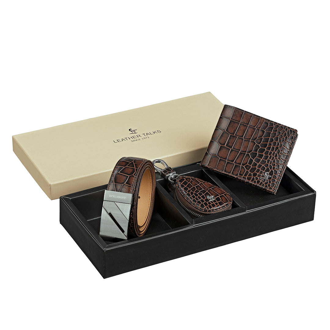 Set of III Gift Set Men's Croco Belt, Wallet & Prime Key Pouch - Premium Leather Accessories | Color- Brown Leather Talks