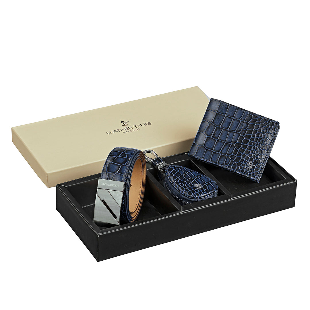 Set of III Gift Set Men's Croco Belt, Wallet & Prime Key Pouch - Premium Leather Accessories | Color- Blue Leather Talks