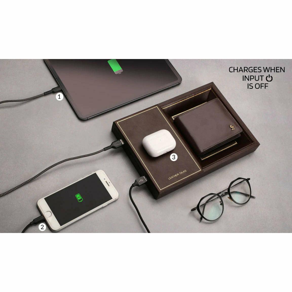 LT Smart Valet Tray 2.0 with wireless charging and power bank 10000 mAh - Leather Talks 