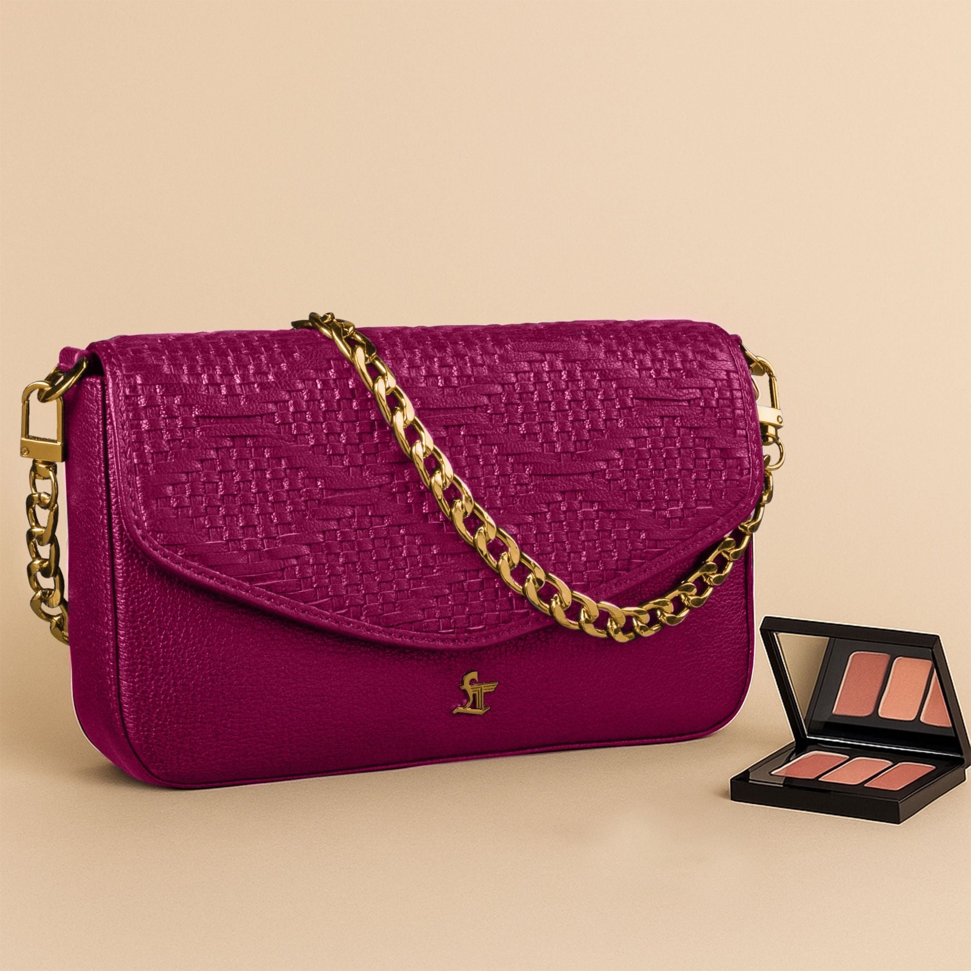 Genuine Leather Hand-Woven Sling Bag for Women in pink with Gold Chain – Luxury Crossbody by Leather Talks