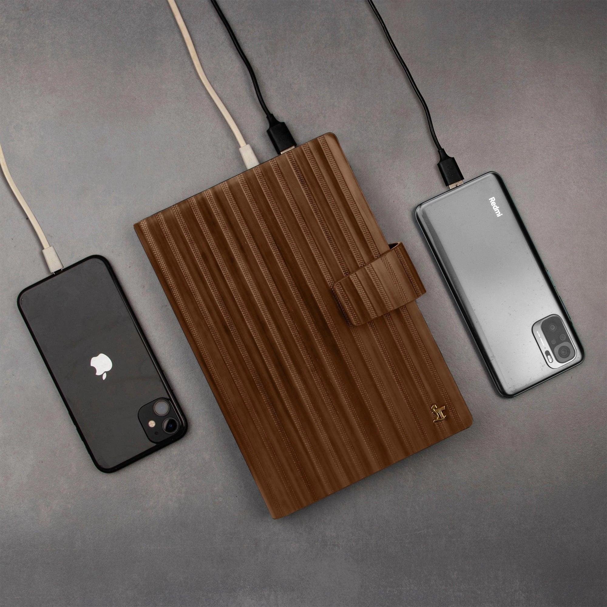 LT Smart Leather Notebook with Power Bank (5000 mAh) | Diary with Power Bank | Color: Italian VT Stripe Brown LeatherTalks