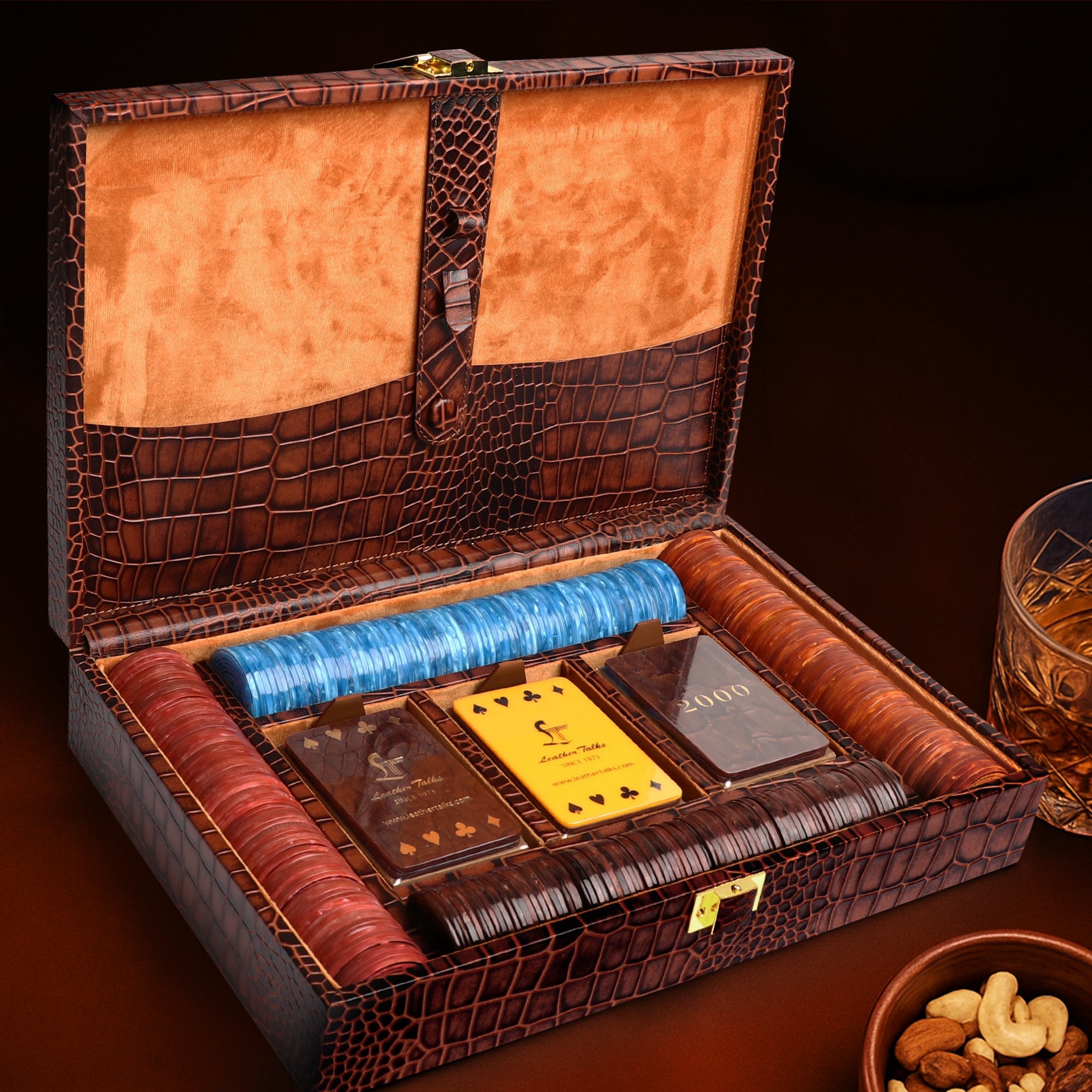 Leather Poker Box | Croco Embossed Genuine Leather | Luxury Playing Card Case | Premium Poker Gift Set | Color: Tan Leather Talks