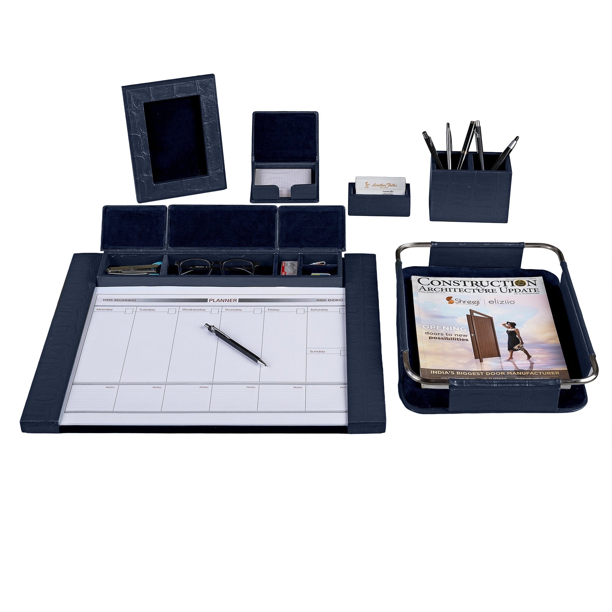 Desktop Planner Set I | Office Table Accessories| Crocodile Embossed Genuine Leather | Color-  Blue Leather Talks
