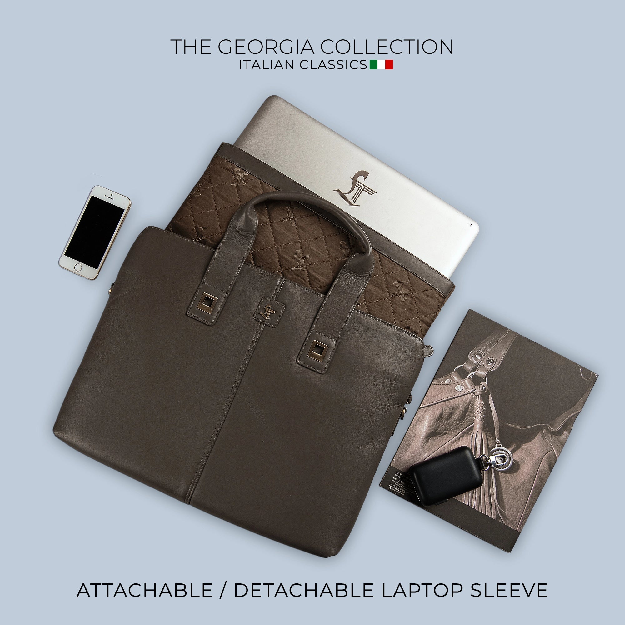 Georgia Collection | Genuine Leather Laptop / Office Bag For Men | Fits 15.5 in" Laptop | Colour: Steel grey