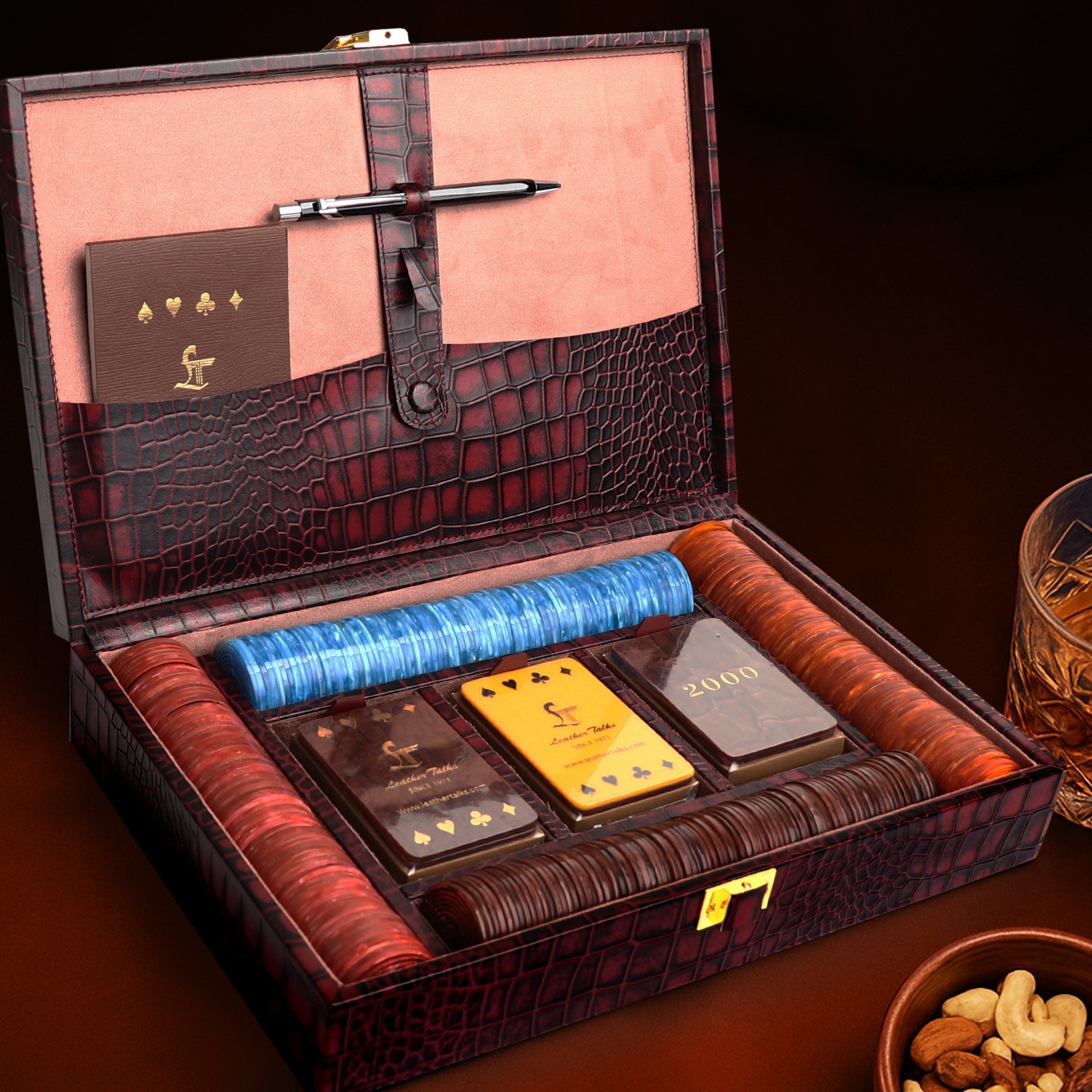Leather Poker Box | Croco Embossed Genuine Leather | Color: Cherry Leather Talks