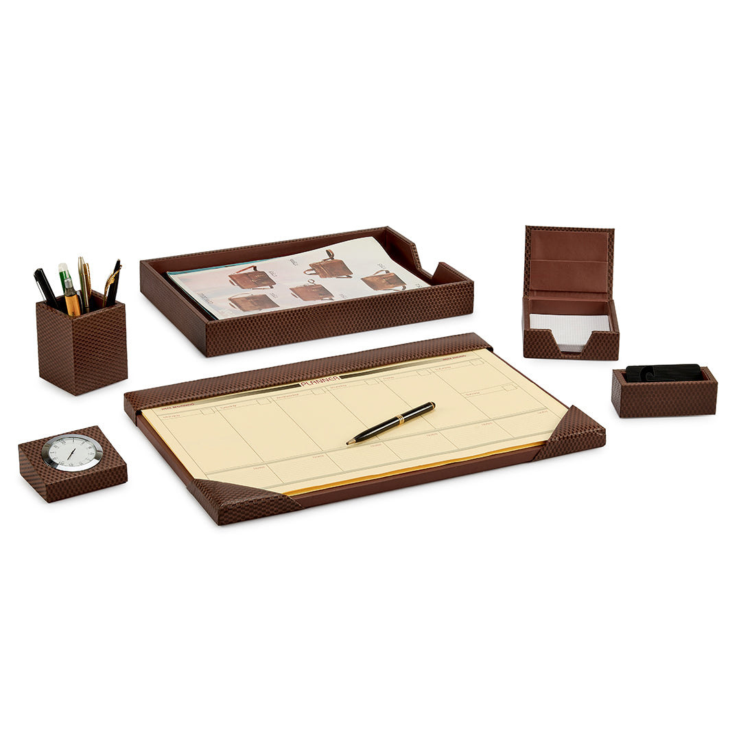 Corporate New Year Gift | Desktop Planner Set II | Office Table Accessories | Embossed Genuine Leather | Color- Brick Brown Leather Talks