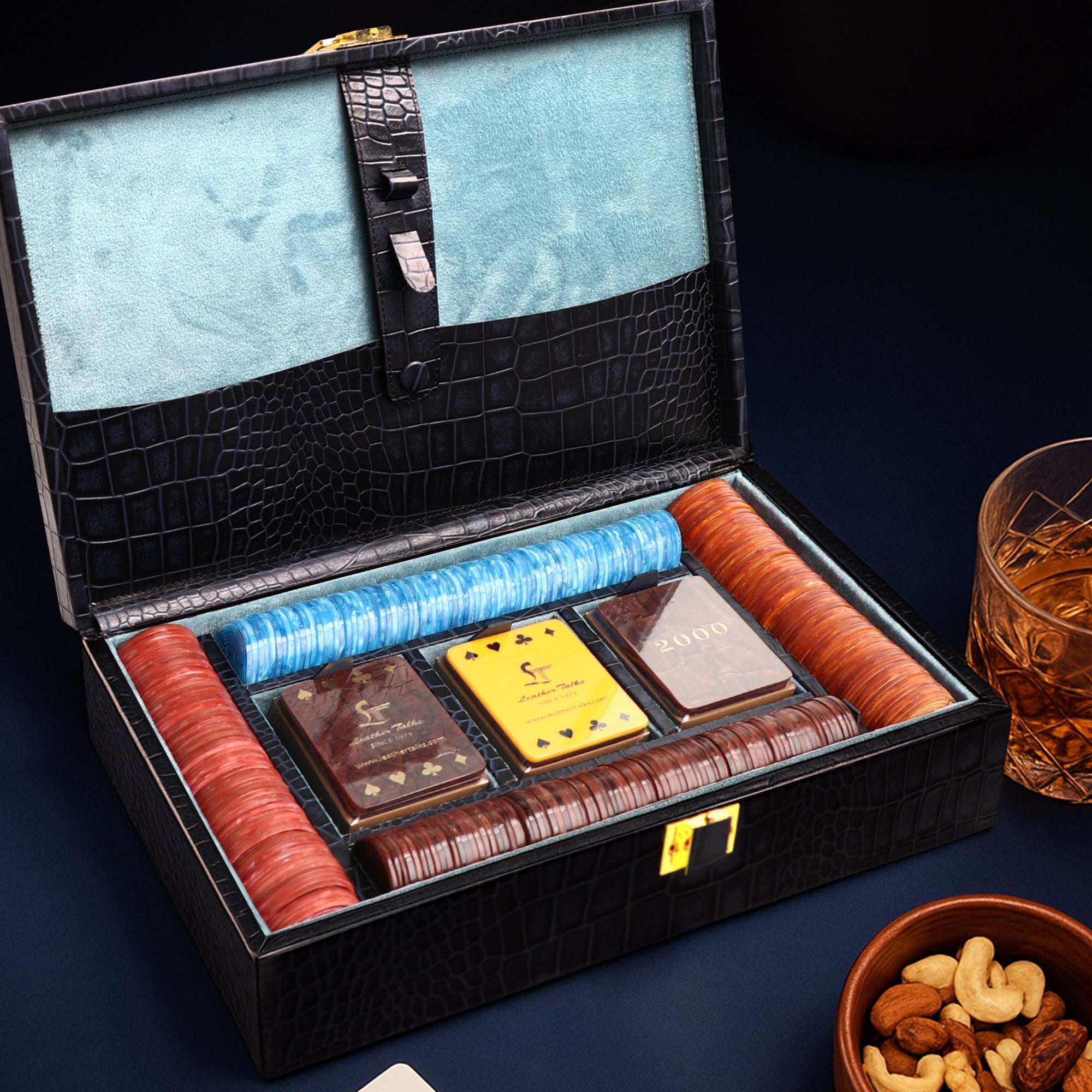 Leather Poker Box | Croco Embossed Genuine Leather | Color: Blue, Brown & Tan Leather Talks