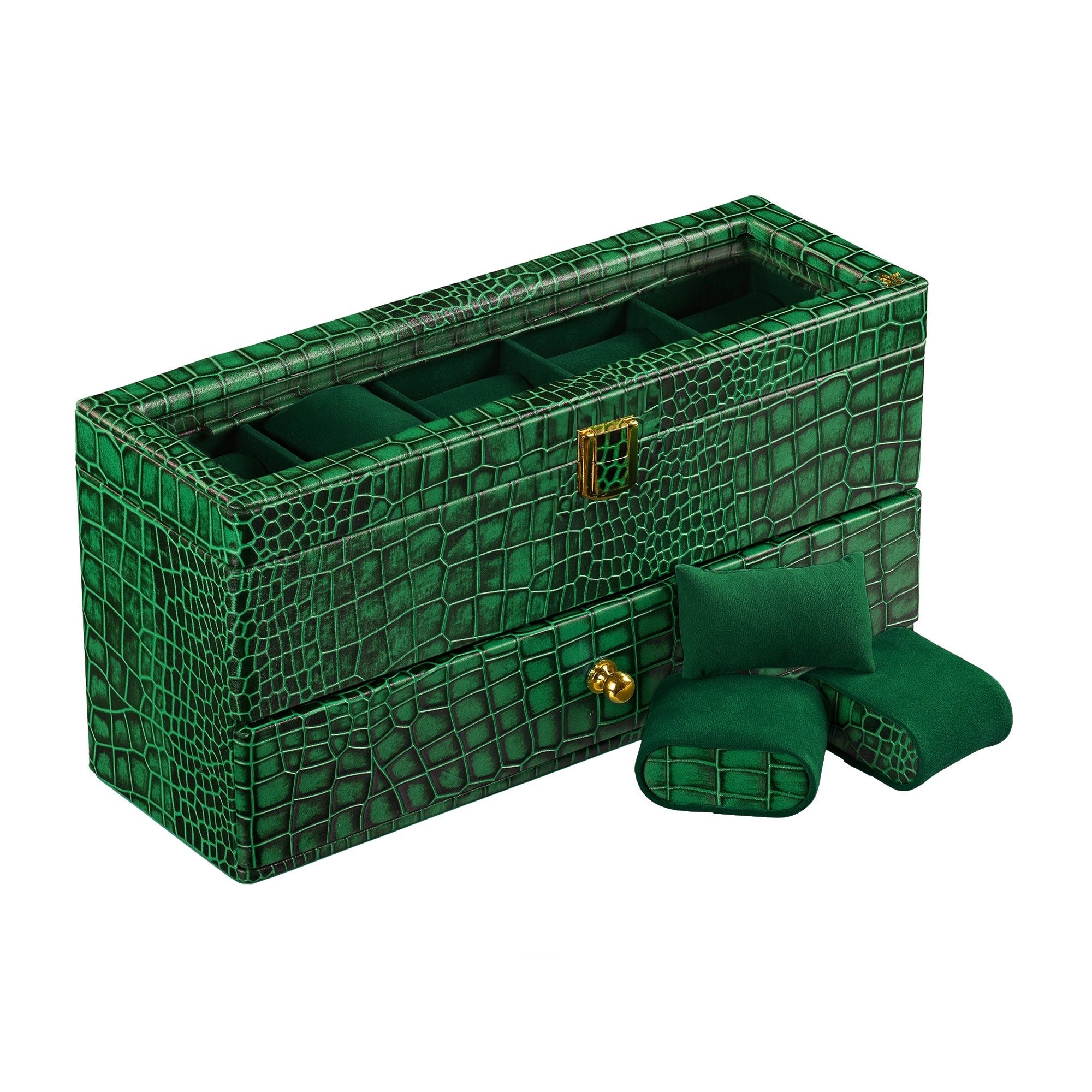 Bronx II Leather Watch Box / Case | 100% Genuine Leather | Can Hold 10 Watches | Acrylic Glass Top | Color:  Croco Green Leather Talks