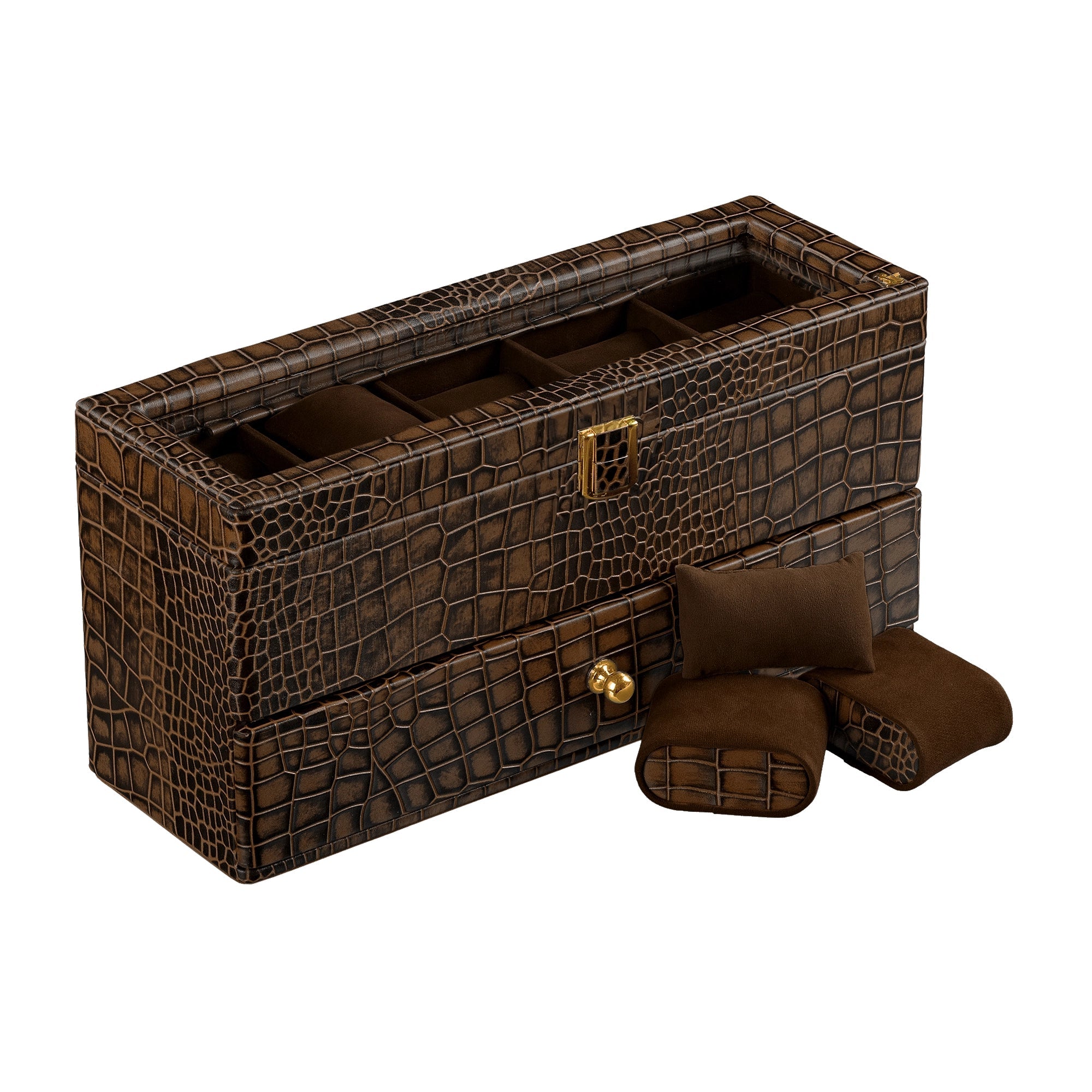 Bronx II Watch Box 10 | Luxury Genuine Leather Watch Box for Men | 10 Slot Watch Organizer with Drawer | Premium Watch Storage Case  | Color:  Croco Brown Leather Talks