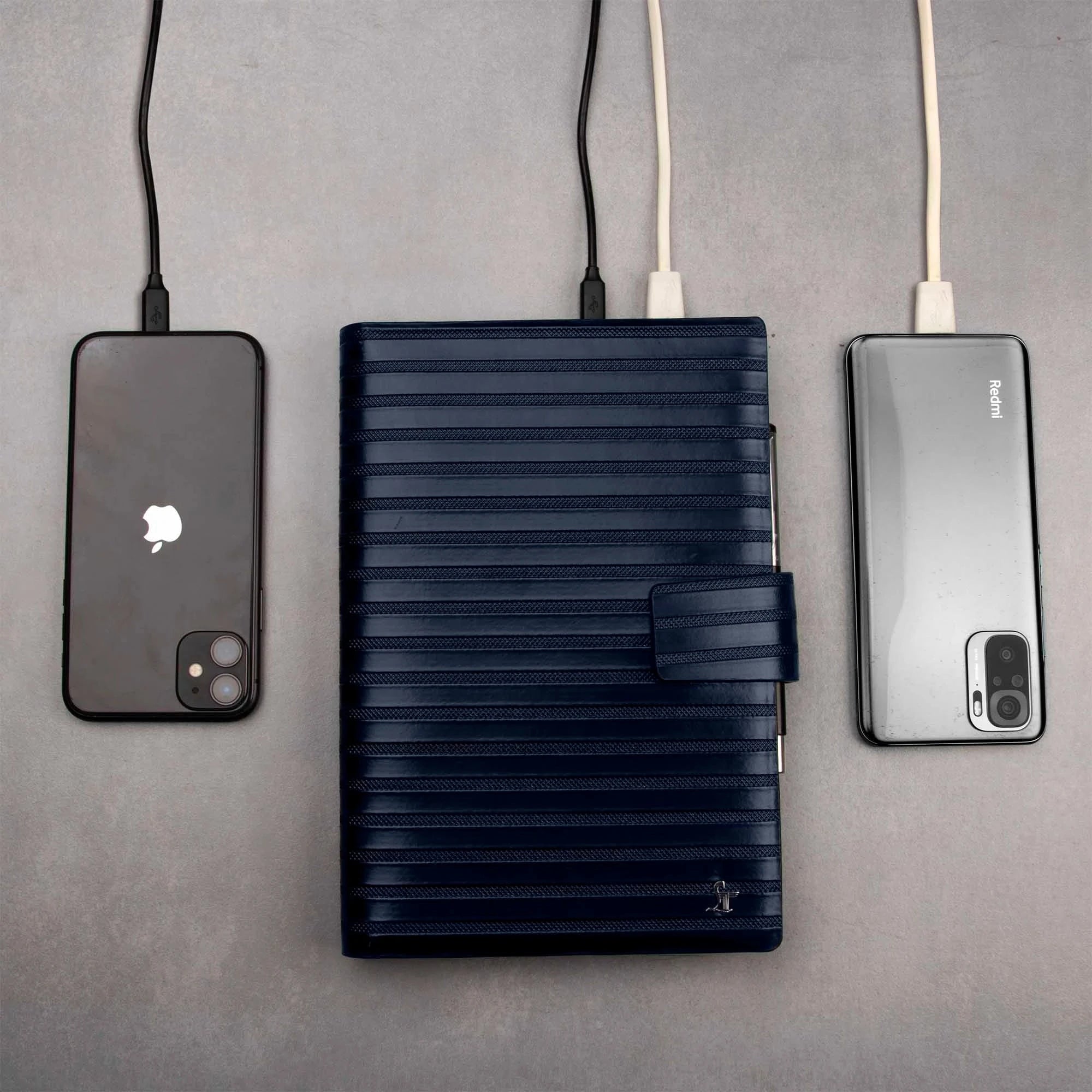 LT Smart Leather Notebook with Power Bank (5000 mAh) | Diary with Power Bank | Color: Italian VT Stripe Blue LeatherTalks