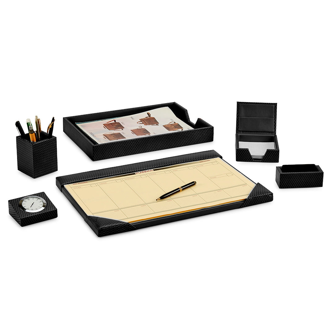 Desktop Planner Set II | Office Table Accessories | Embossed Genuine Leather | Color- Brick Black Leather Talks