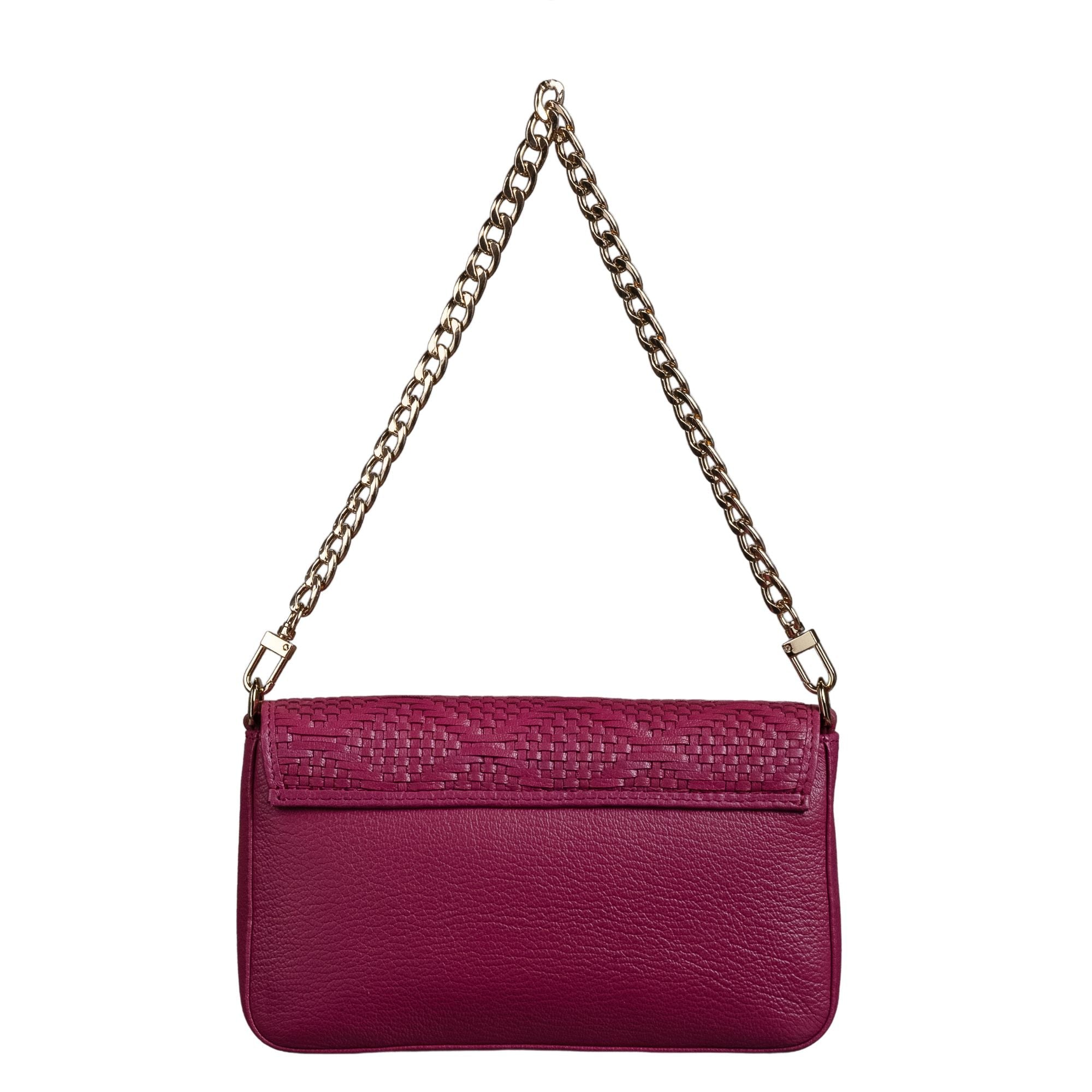 Rear side of taupe hand-woven leather sling bag showing textured craftsmanship