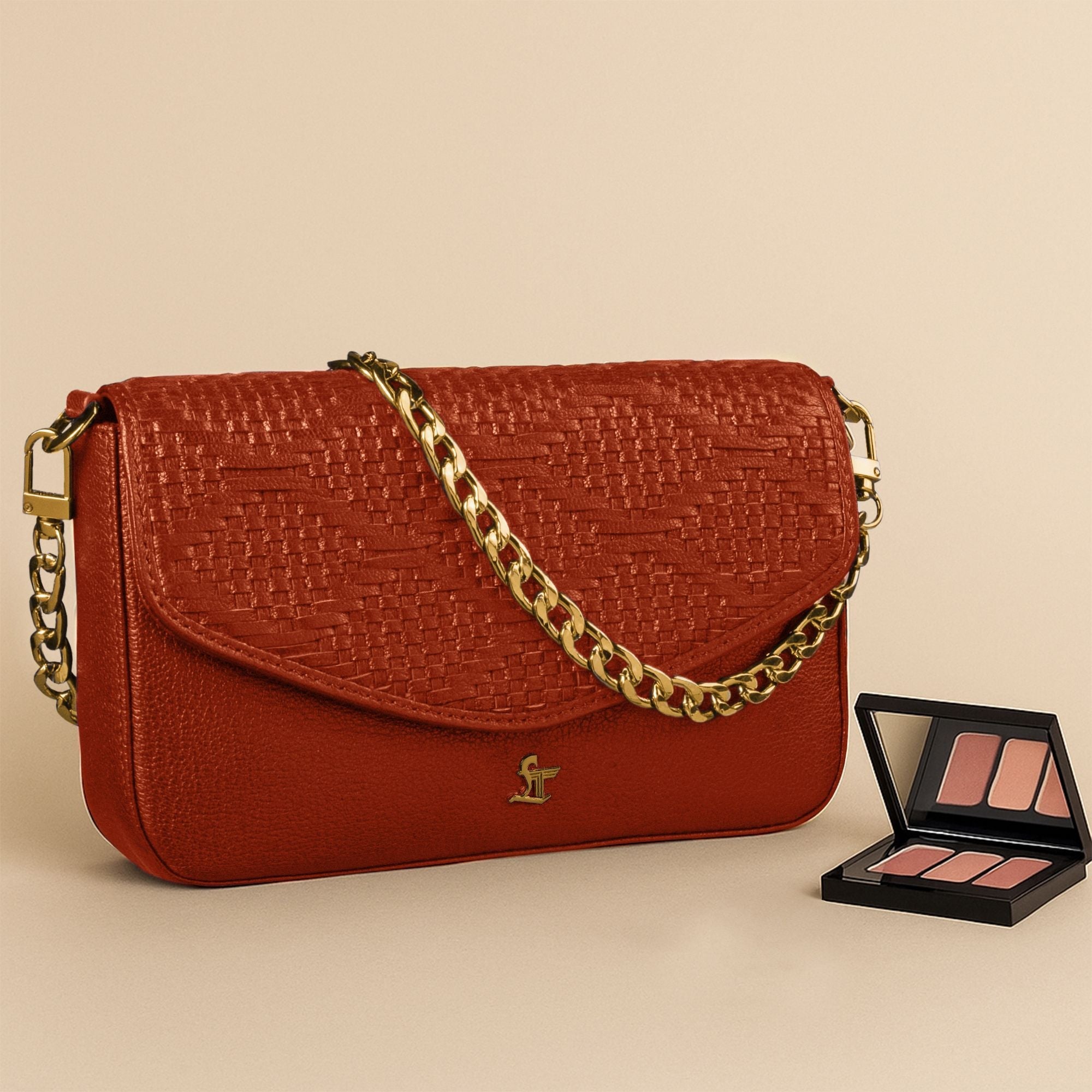 Genuine Leather Sling Bag for Women | Hand-Woven Crossbody Bag | Two Looks in One | Luxury Mini Shoulder Bag for Evening & Casual Wear | Color: Orange Leather Talks