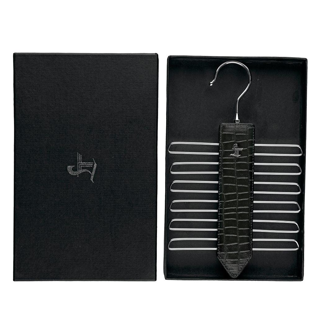 Leather Wooden Tie Hanger | 100% Genuine Leather | Color: Black