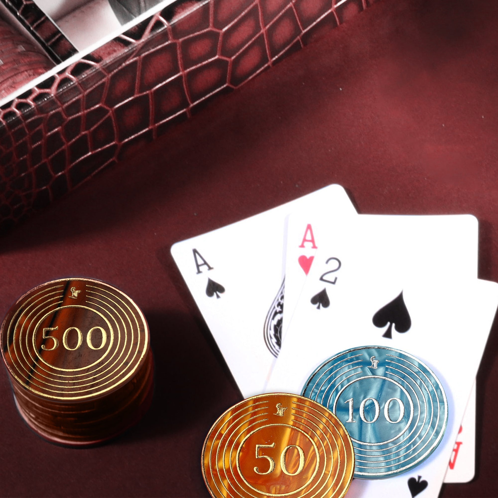 Leather Poker Box | Croco Embossed Genuine Leather | Color: Cherry Leather Talks