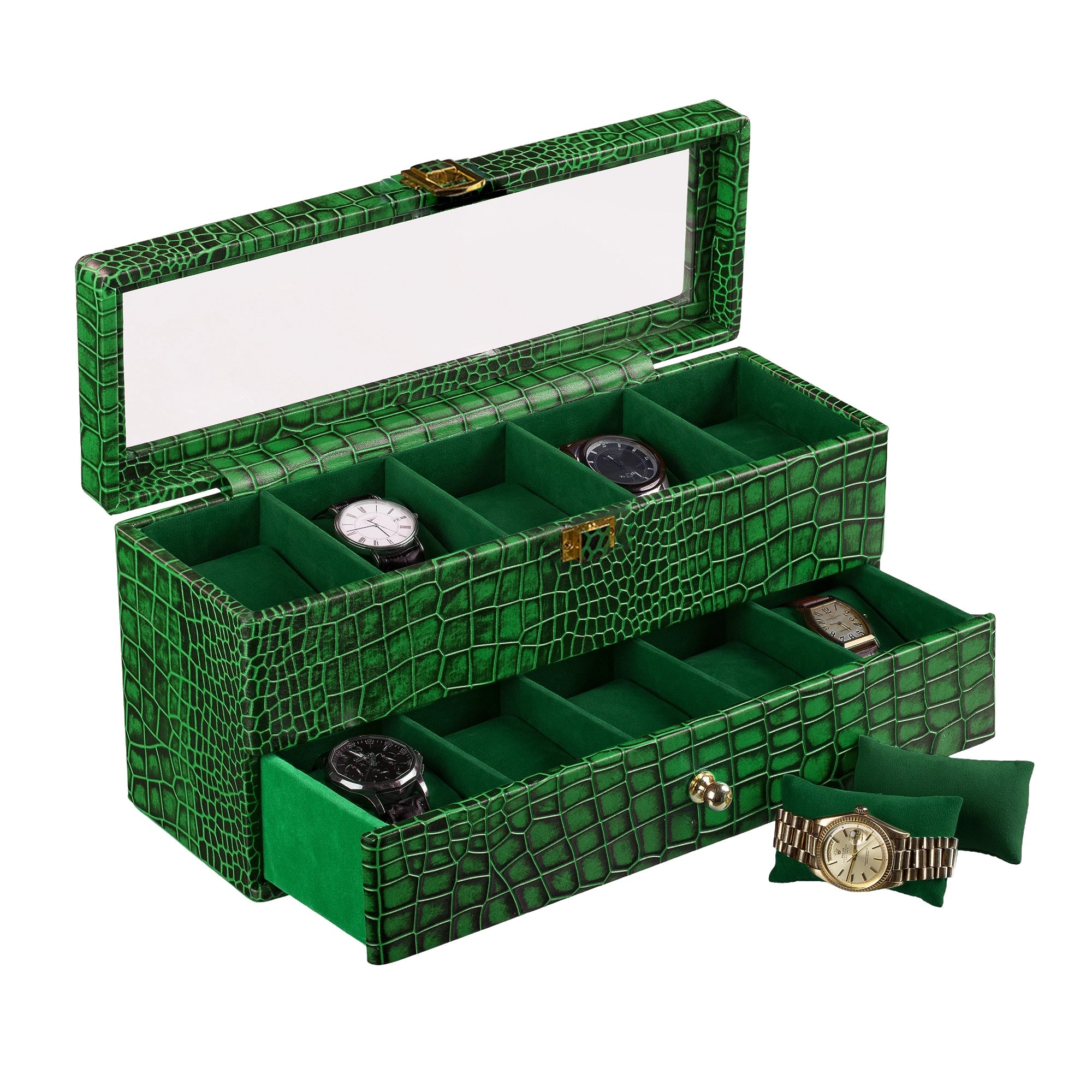 Bronx II Leather Watch Box / Case | 100% Genuine Leather | Can Hold 10 Watches | Acrylic Glass Top | Color:  Croco Green Leather Talks