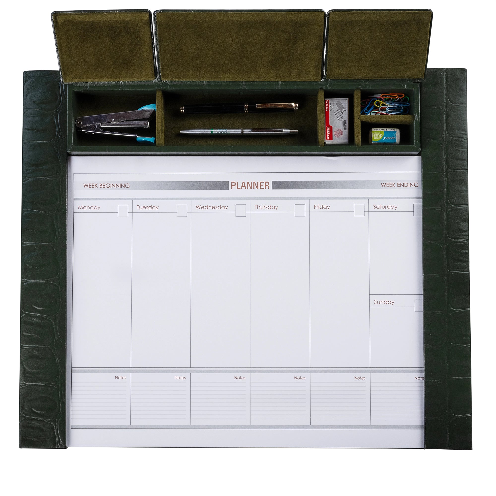 Desktop Planner Set I | Office Table Accessories | Croco Embossed Genuine Leather | Color- Green Leather Talks