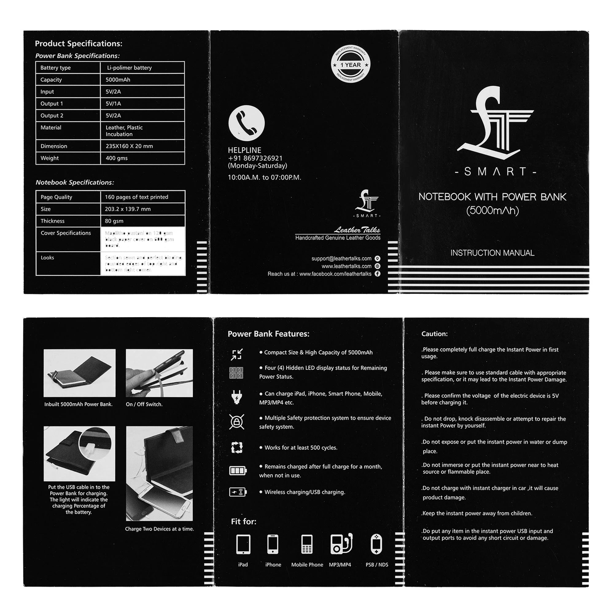 LT Smart Leather Notebook with Power Bank (5000 mAh) | Diary with Power Bank | Color: Italian VT Stripe Grey LeatherTalks