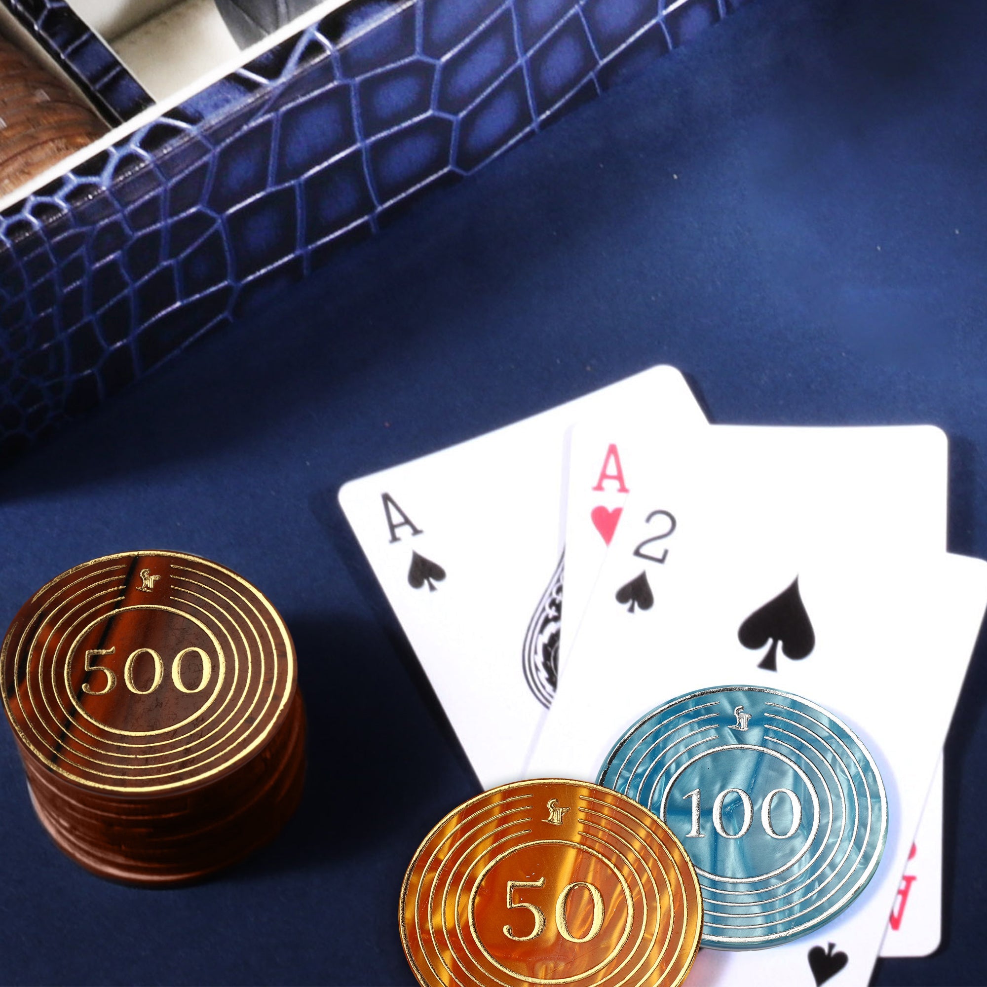 Leather Poker Box | Croco Embossed Genuine Leather | Color: Blue, Brown & Tan Leather Talks