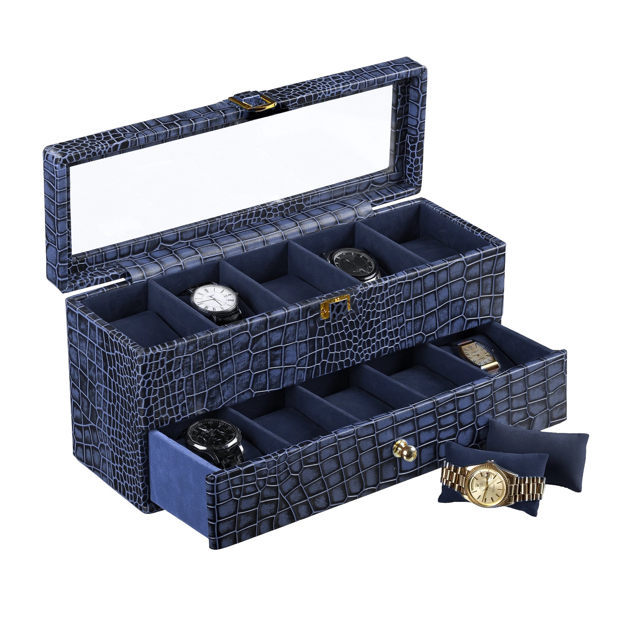 Bronx II Leather Watch Box / Case | 100% Genuine Leather | Can Hold 10 Watches | Acrylic Glass Top | Color:  Croco Blue Leather Talks