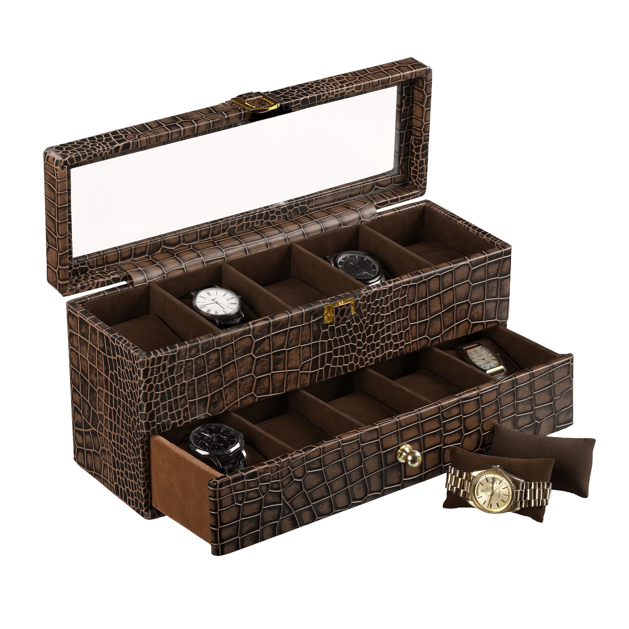 Bronx II Watch Box 10 | Luxury Genuine Leather Watch Box for Men | 10 Slot Watch Organizer with Drawer | Premium Watch Storage Case  | Color:  Croco Brown Leather Talks