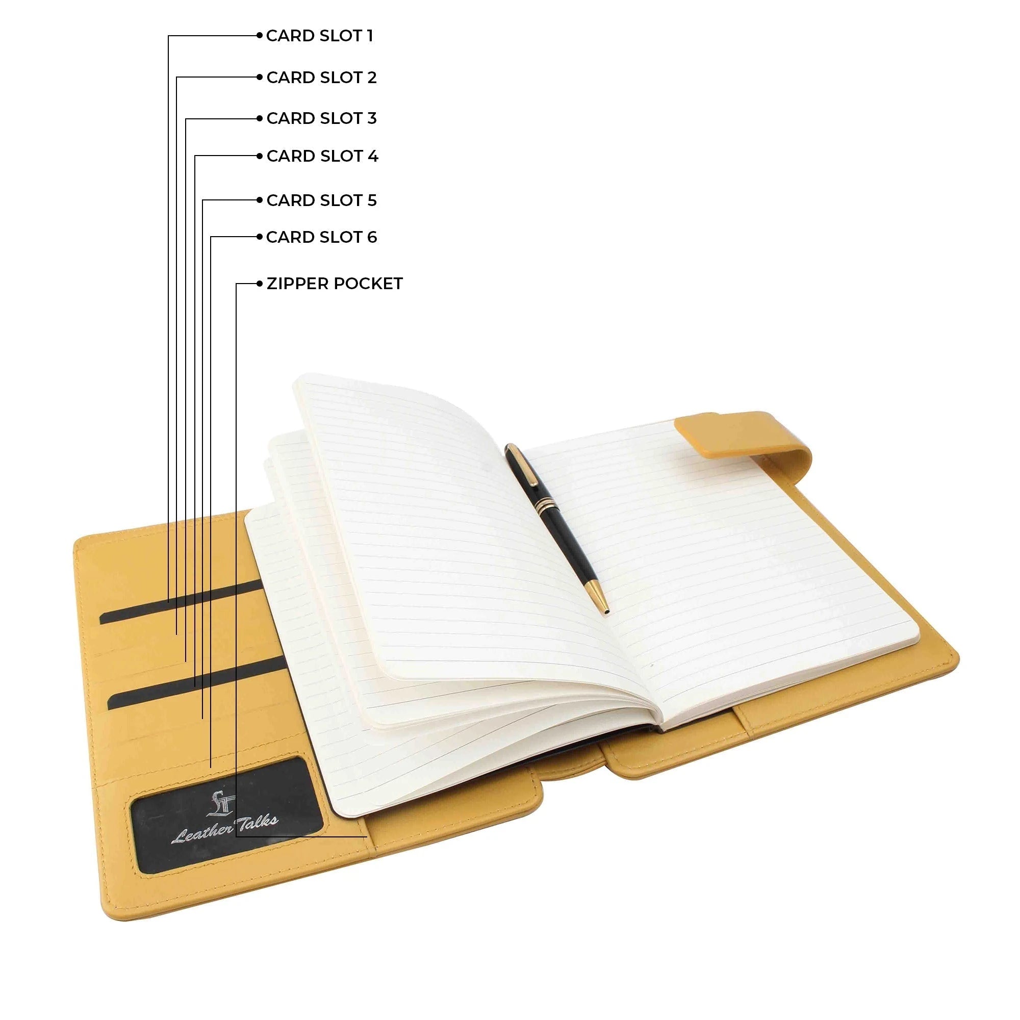 Genuine leather notebook open view showing six card slots, zipper pocket, and pen holder by Leather Talks.