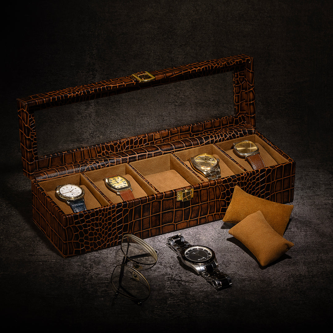 Premium Genuine Leather Watch Box for Men – Luxury 5-Slot Wristwatch Organizer with Push Lock