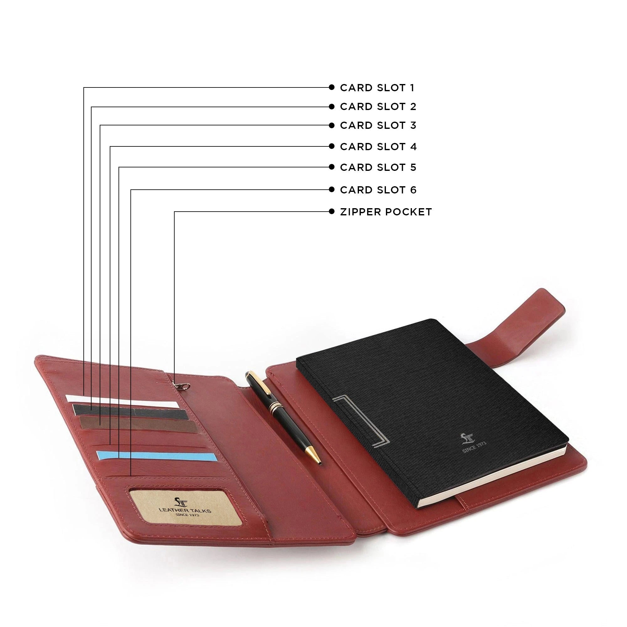 Genuine leather premium notebook organizer with six card slots, secure zipper pocket, and refillable master notebook — Leather Talks luxury stationery.