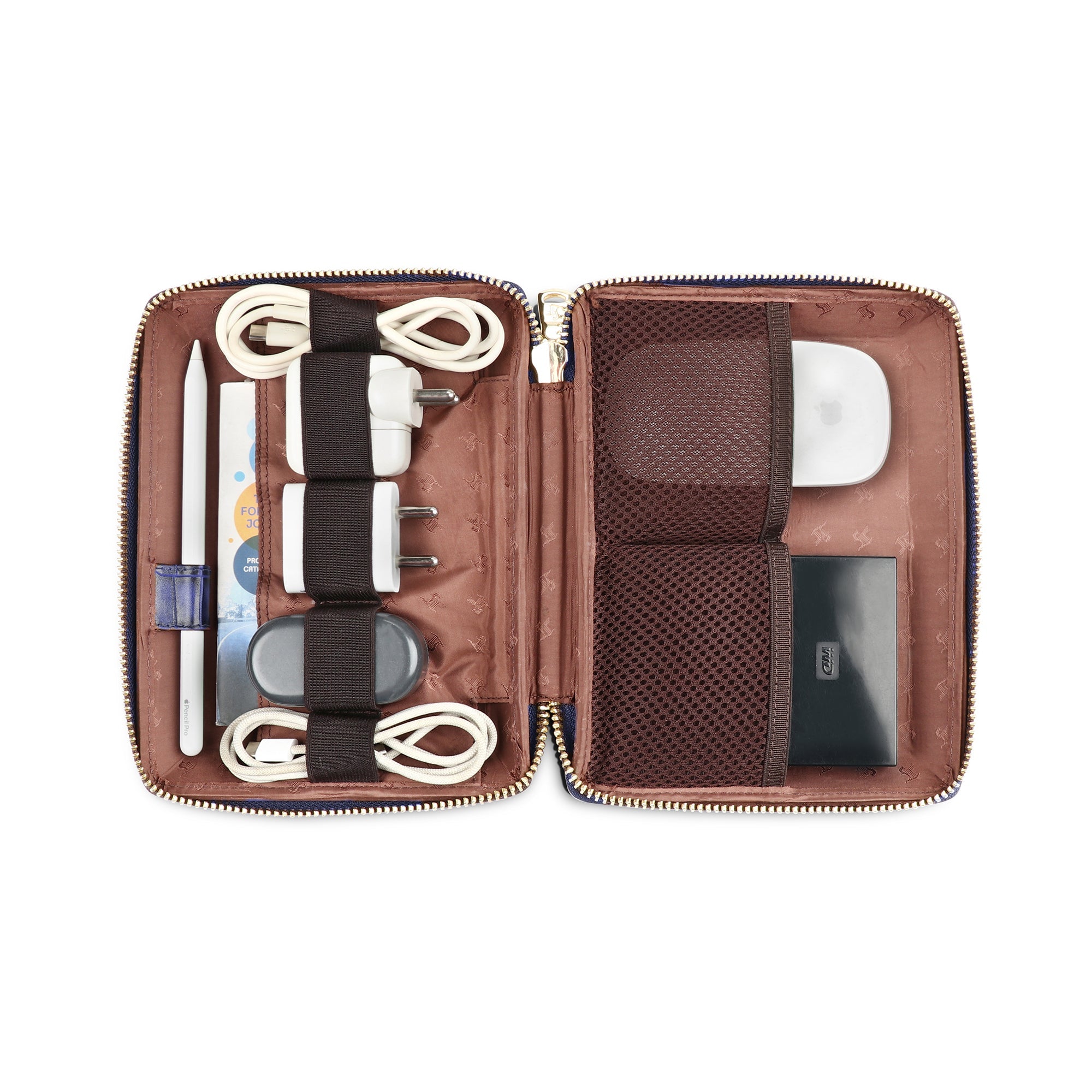 Harbinger Tech Kit - Genuine Leather Tech Organizer Case | Travel Cable Storage Bag | Luxury Electronic Accessories Pouch for Chargers, Wires & Gadgets | Color: Blue Leather Talks