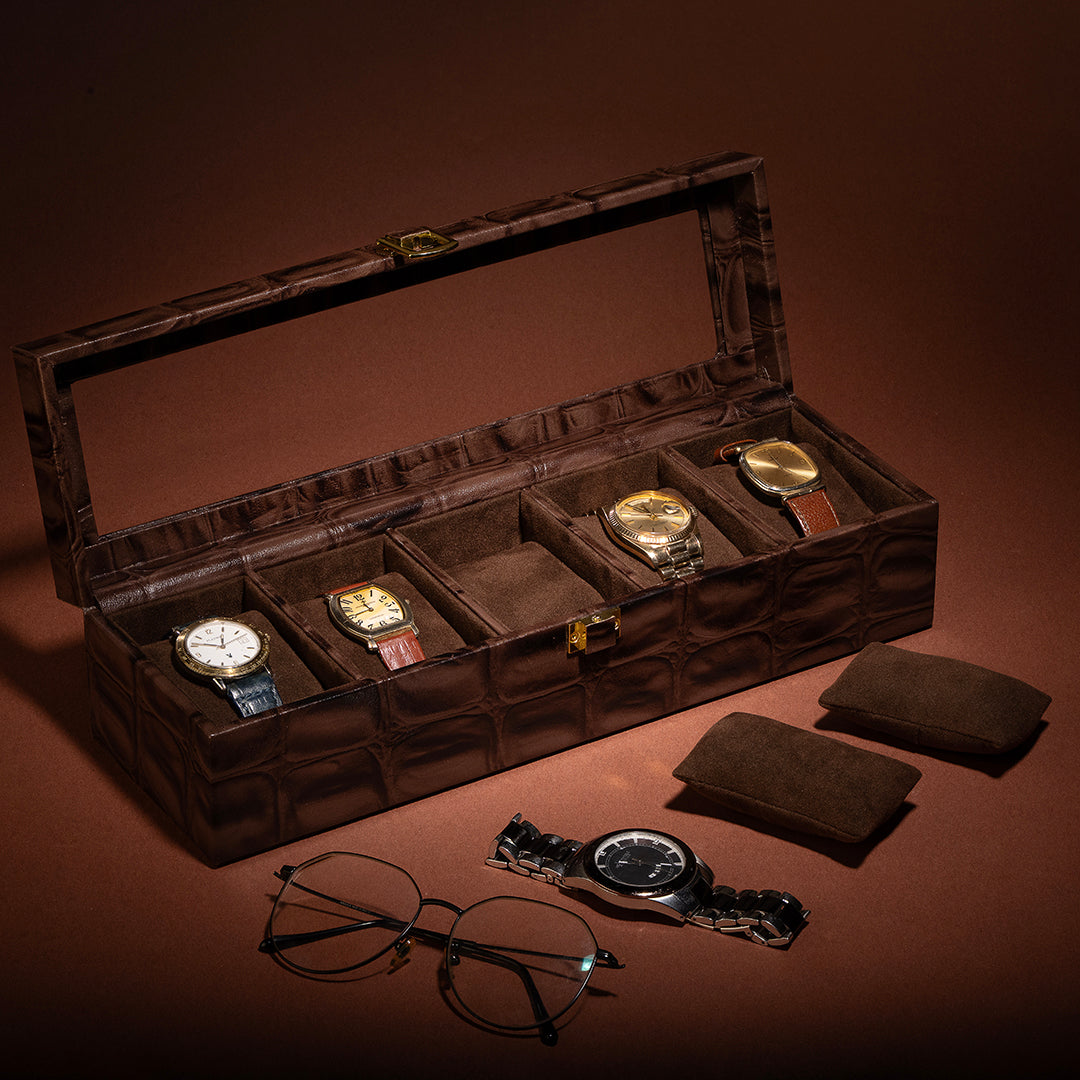 Premium Genuine Leather Watch Box for Men – Luxury 5-Slot Wristwatch Organizer with Push Lock
