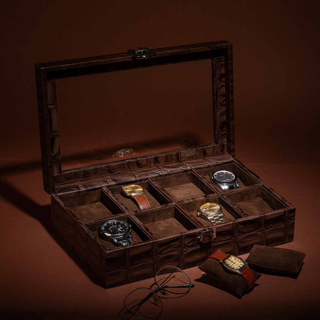 Bronx II Watch Box (8 Watches) | Watch Box For Men | 100% Genuine Leather | Color: Crocotail Brown Leather Talks