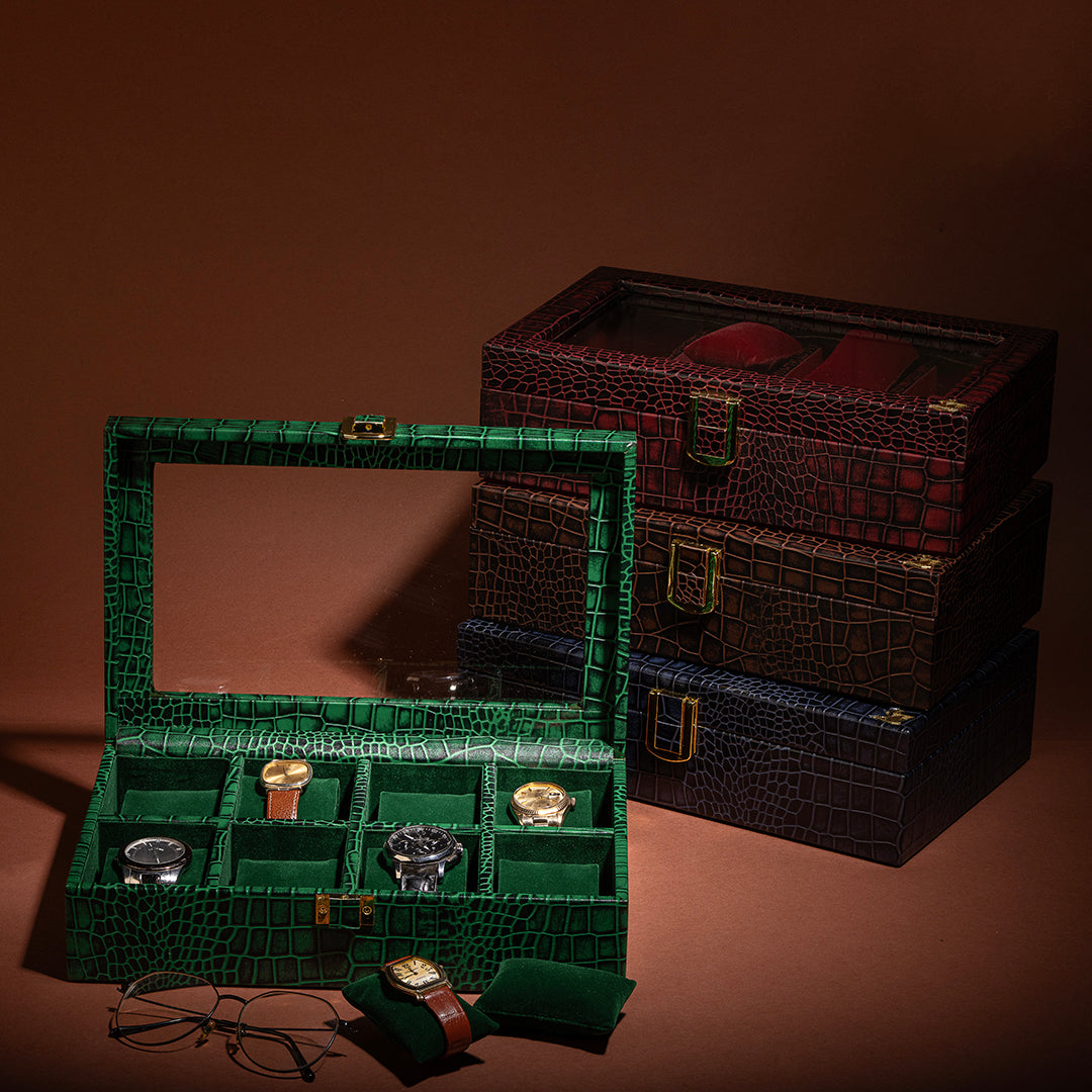 Bronx II Genuine Leather Watch Box for Men | 8 Slot Luxury Watch Organizer | Croco Embossed Premium Watch Case | Color: Green Leather Talks