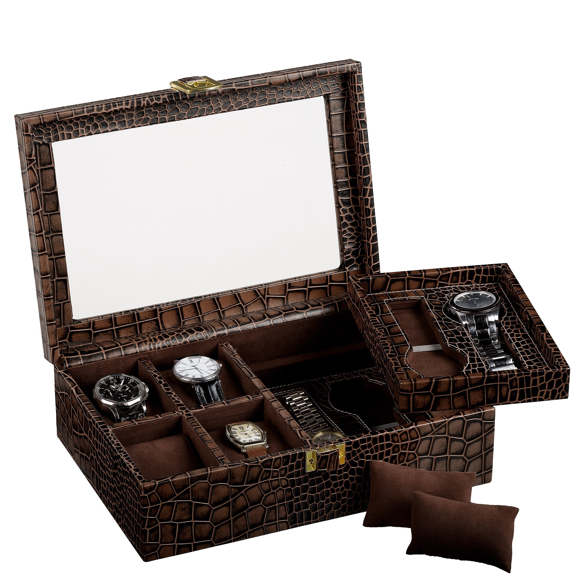 Galio Leather Watch Box For Men |  Genuine Leather Watch Box for Men | Can Hold 6 Watches | Acrylic Top | Color: Croco Brown Leather Talks