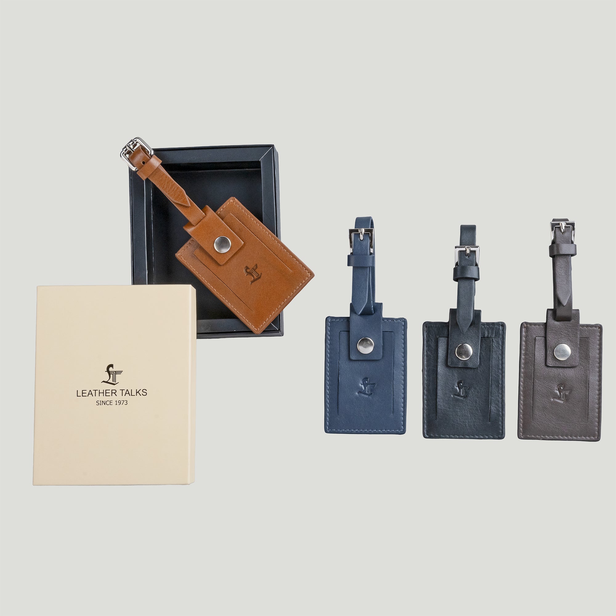 Premium Genuine Leather Luggage Tag with Buckle | Personalized Travel Name Tag for Suitcases & Cabin Bags | Color: Tan, Blue, Black, Brown Leather Talks