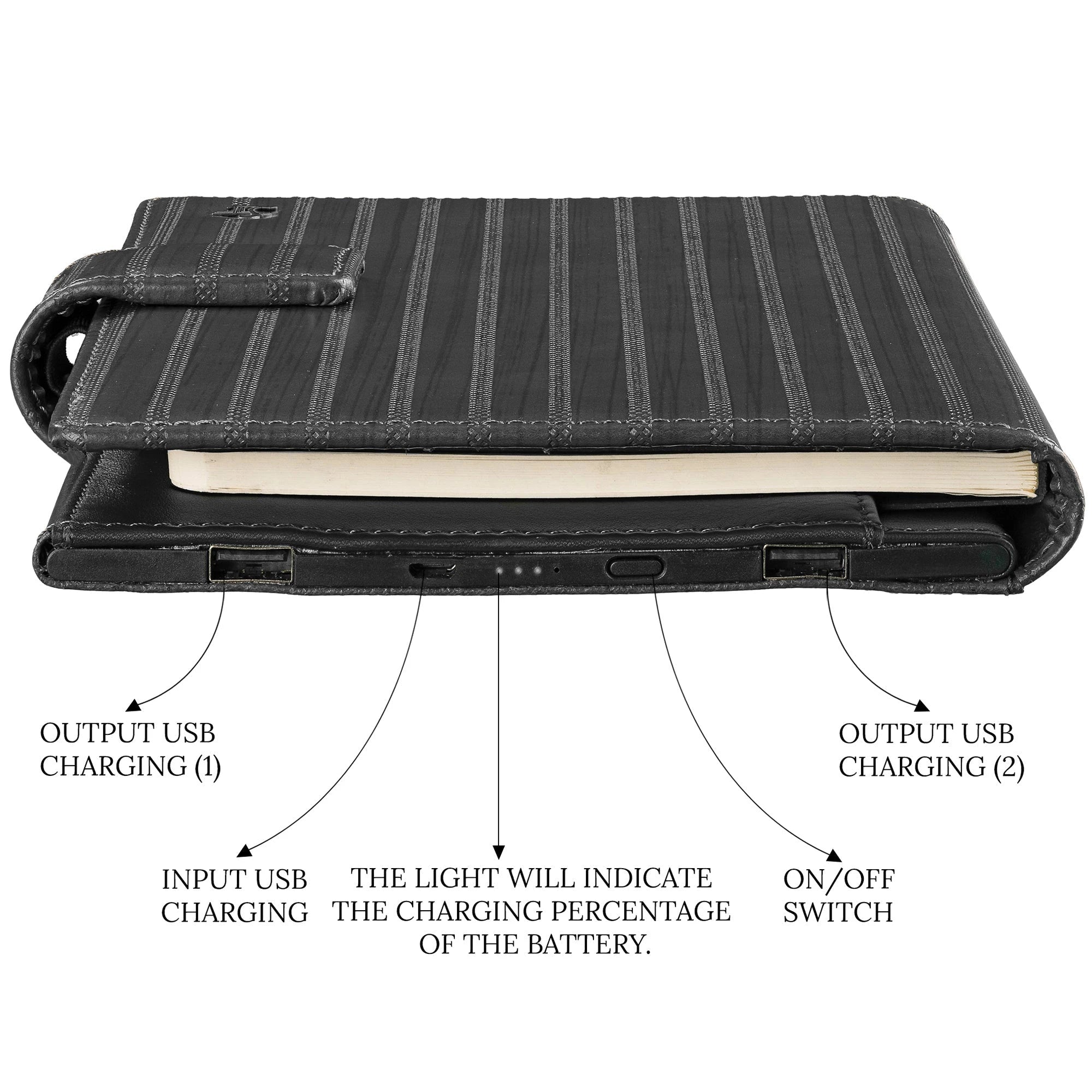 LT Smart Leather Notebook with Power Bank (5000 mAh) | Diary with Power Bank | Color: Italian VT Stripe Grey LeatherTalks